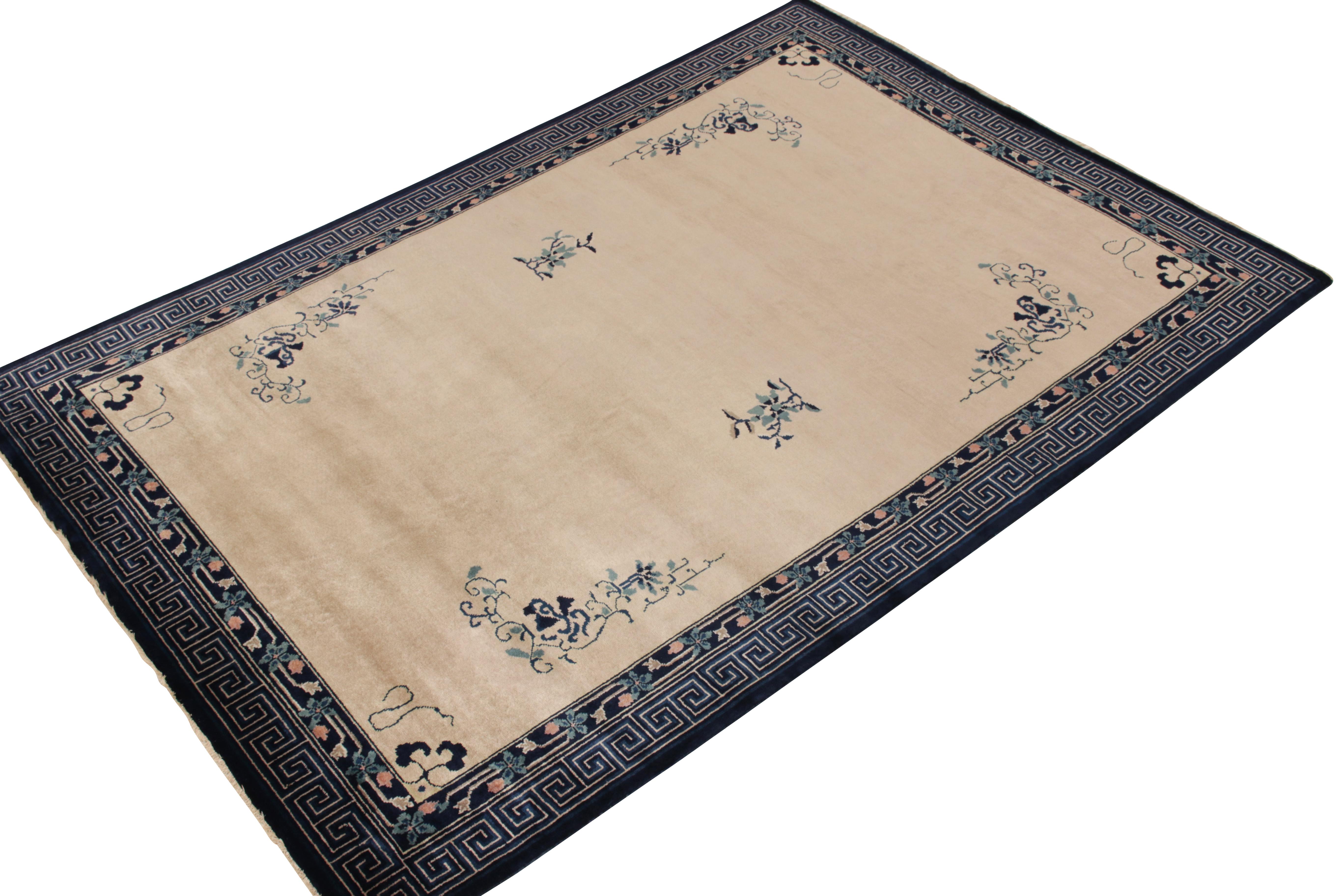 Art Deco Vintage Chinese Deco Style Rug in Beige Blue Green Floral Pattern by Rug & Kilim For Sale