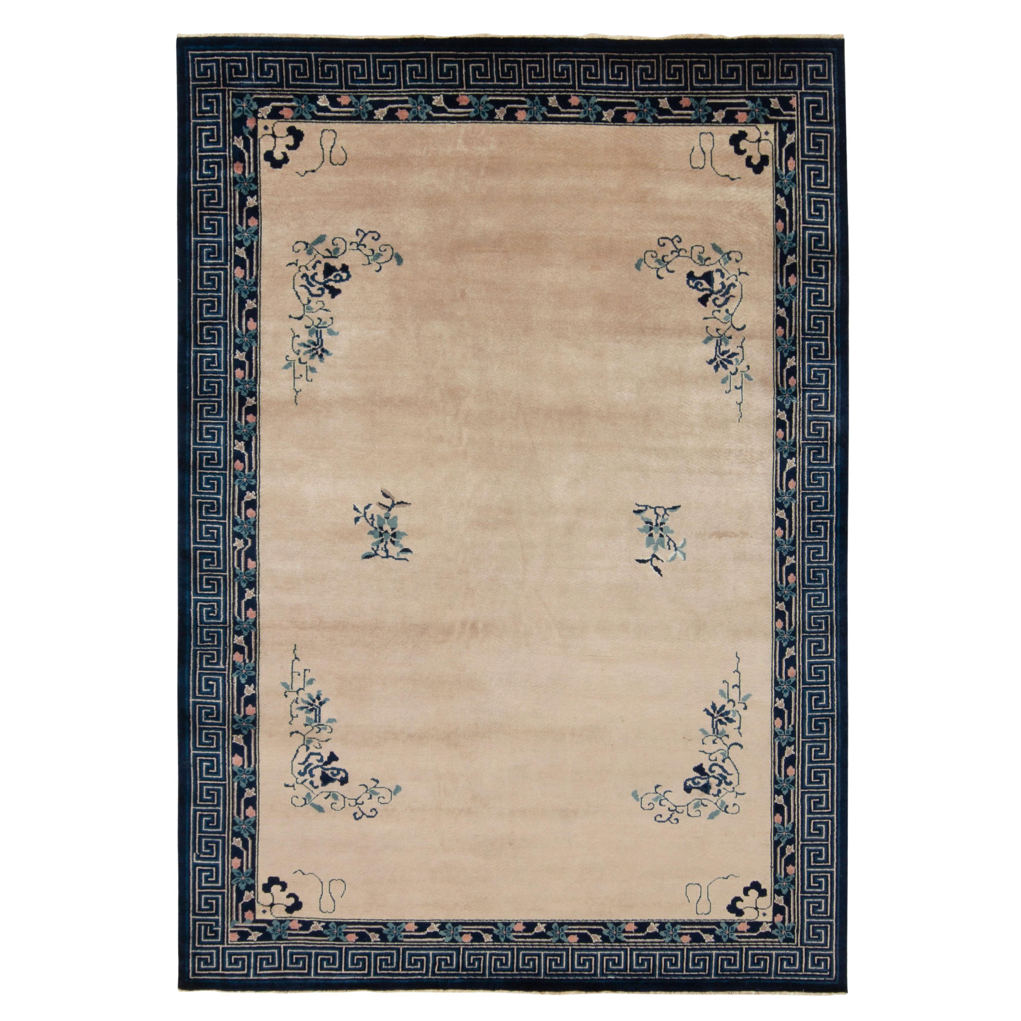 Vintage Chinese Deco Style Rug in Beige Blue Green Floral Pattern by Rug & Kilim For Sale