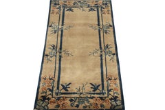 Vintage Chinese Deco Style Rug in Beige Blue Green Floral Pattern by Rug & Kilim