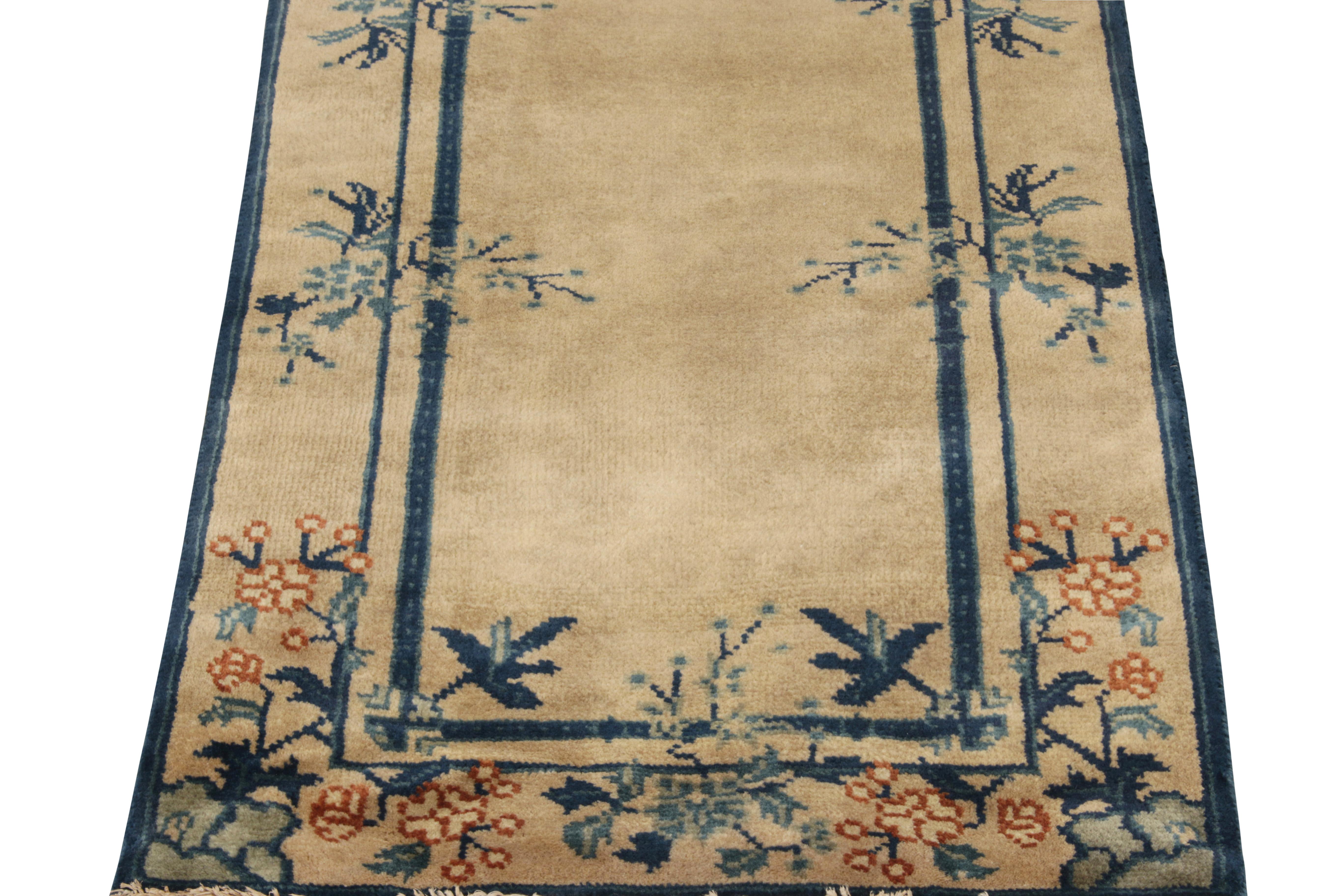 Indian Vintage Chinese Deco Style Rug in Beige Blue Green Floral Pattern by Rug & Kilim For Sale