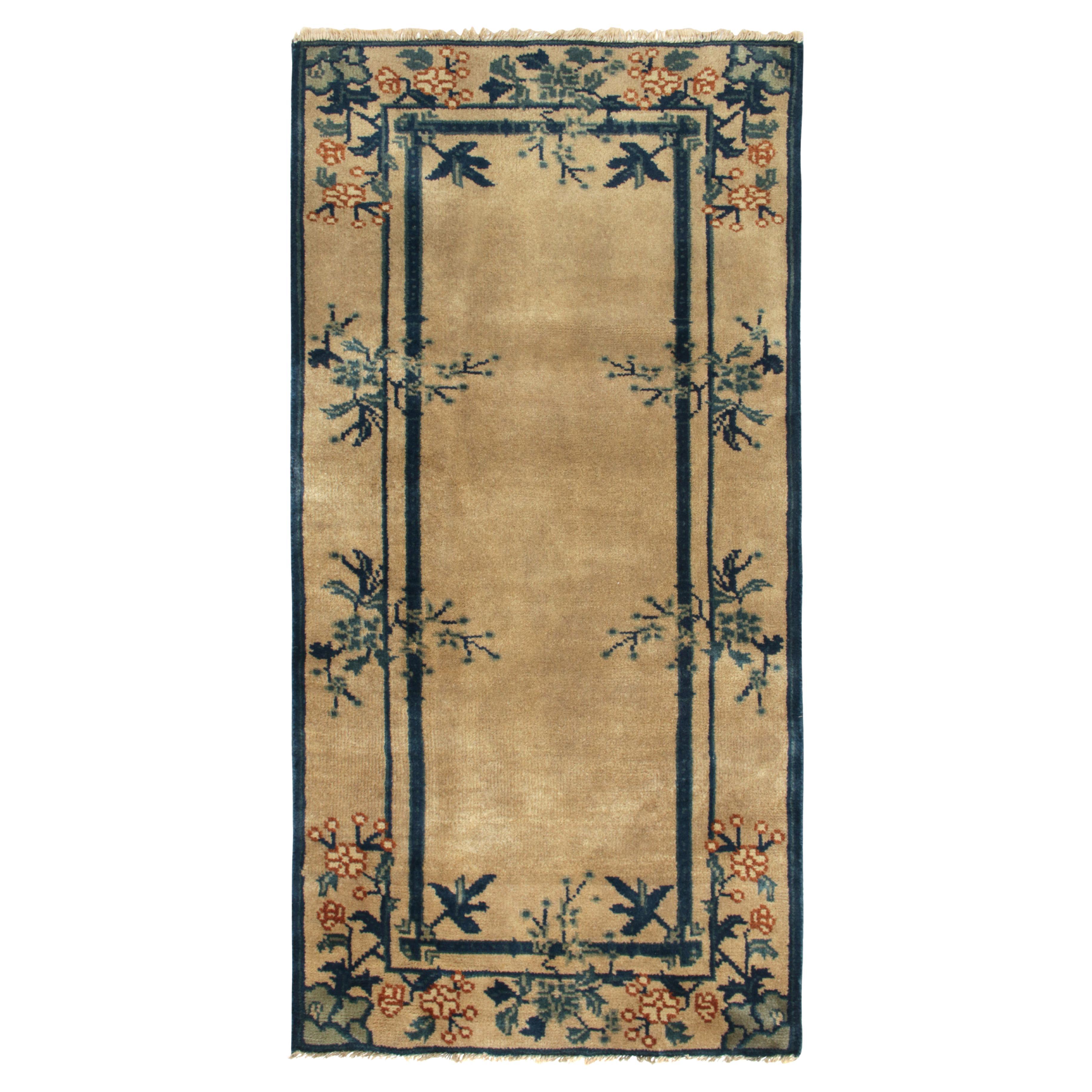 Vintage Chinese Deco Style Rug in Beige Blue Green Floral Pattern by Rug & Kilim For Sale