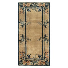 Vintage Chinese Deco Style Rug in Beige-Brown, Blue and Green Floral Pattern