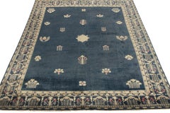 Vintage Chinese Deco Style Rug in Blue Beige-Brown Floral Pattern by Rug & Kilim