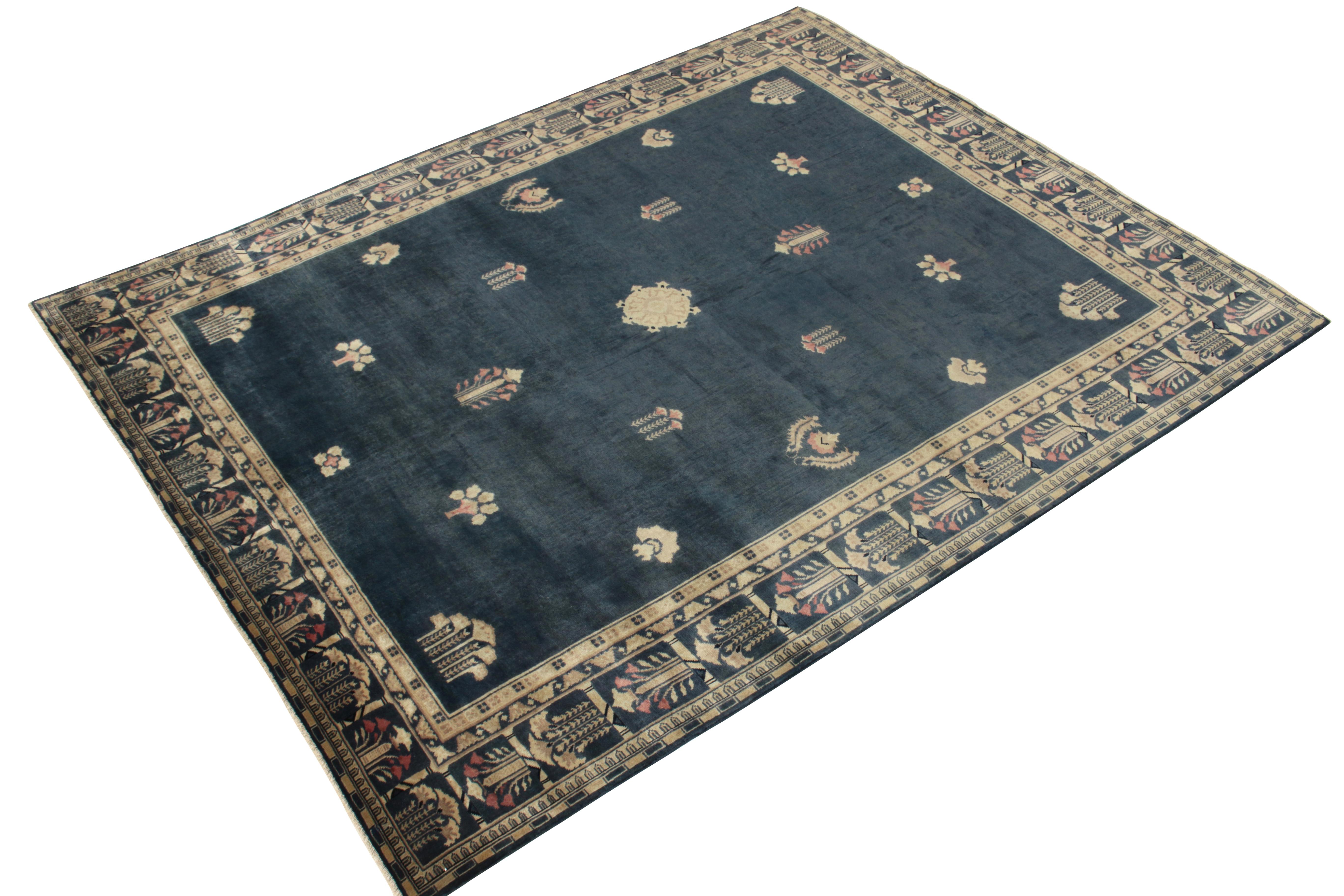 Art Deco Vintage Chinese Deco Style Rug in Blue Beige-Brown Floral Pattern by Rug & Kilim For Sale