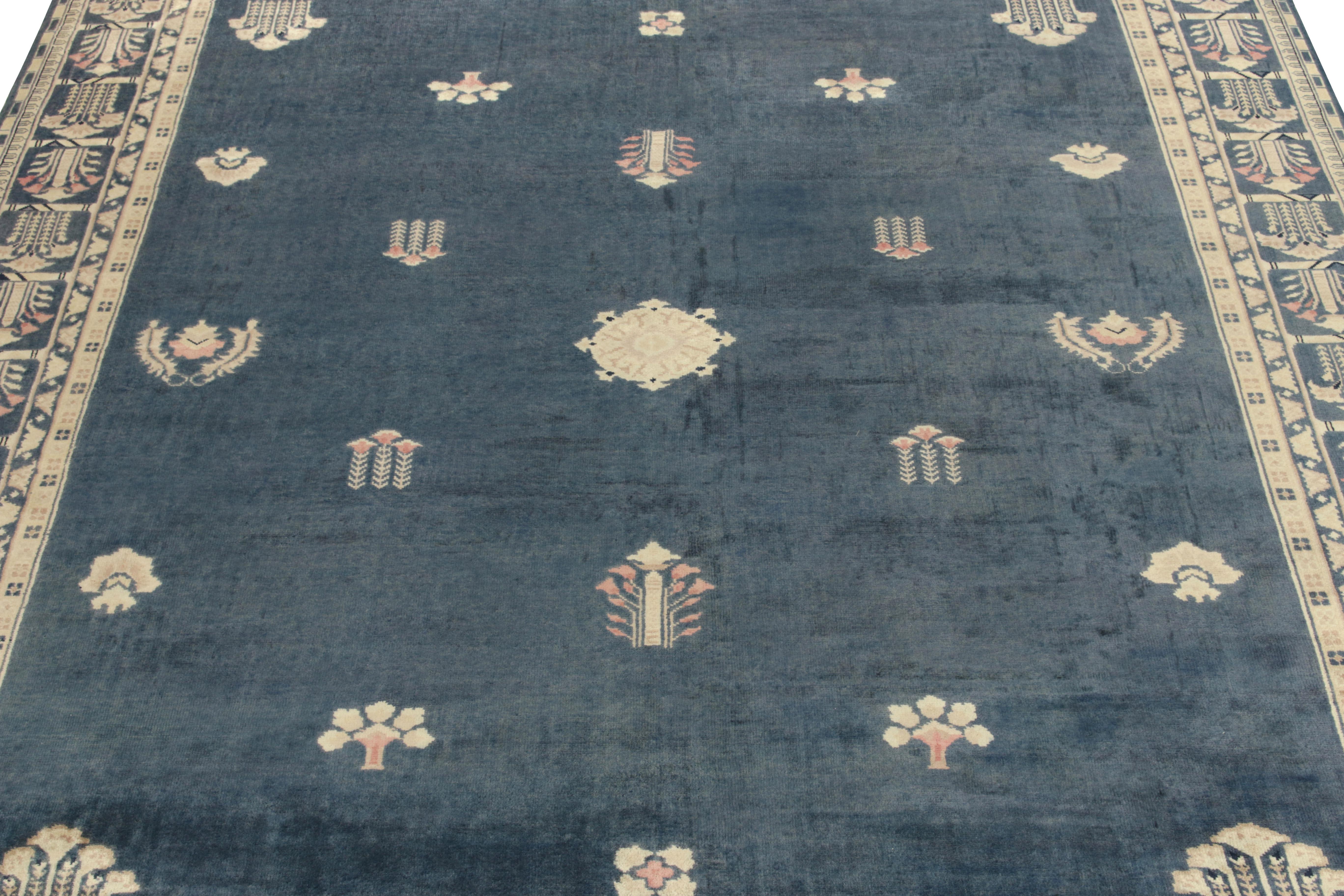 Indian Vintage Chinese Deco Style Rug in Blue Beige-Brown Floral Pattern by Rug & Kilim For Sale
