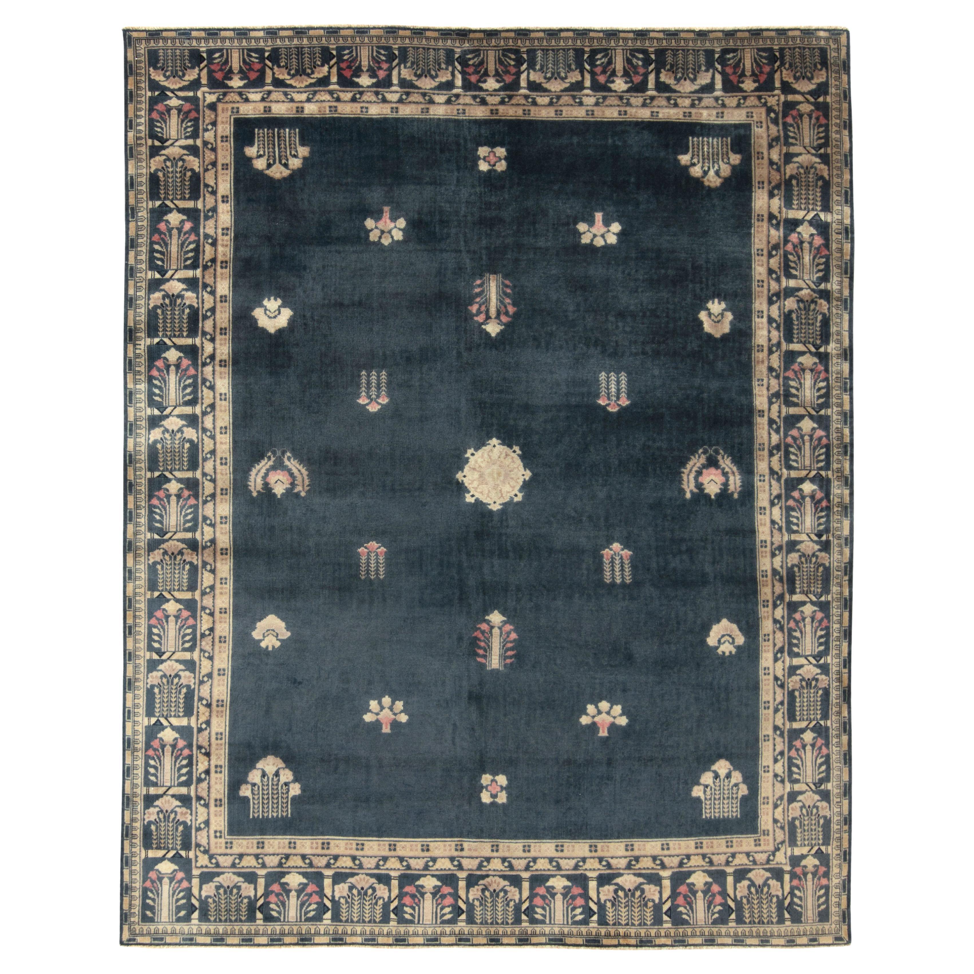 Vintage Chinese Deco Style Rug in Blue Beige-Brown Floral Pattern by Rug & Kilim For Sale