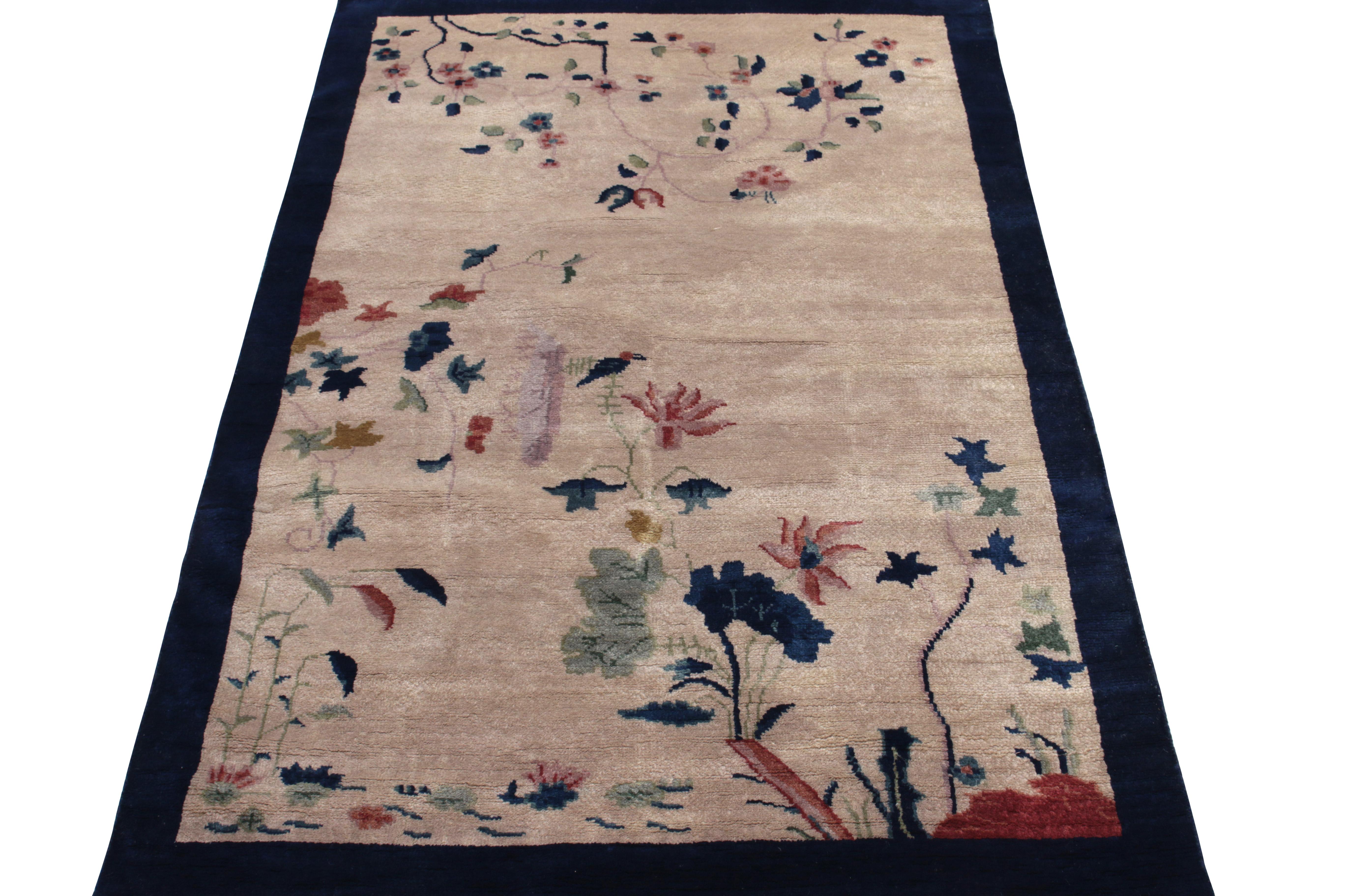 Celebrating a coveted Oriental style, Rug & Kilim presents this vintage 4x6 inspiration of Chinese Art Deco sensibilities joining its Antique & Vintage collection. The beauty of the rug lies in the harmony between bird imagery and resplendent floral