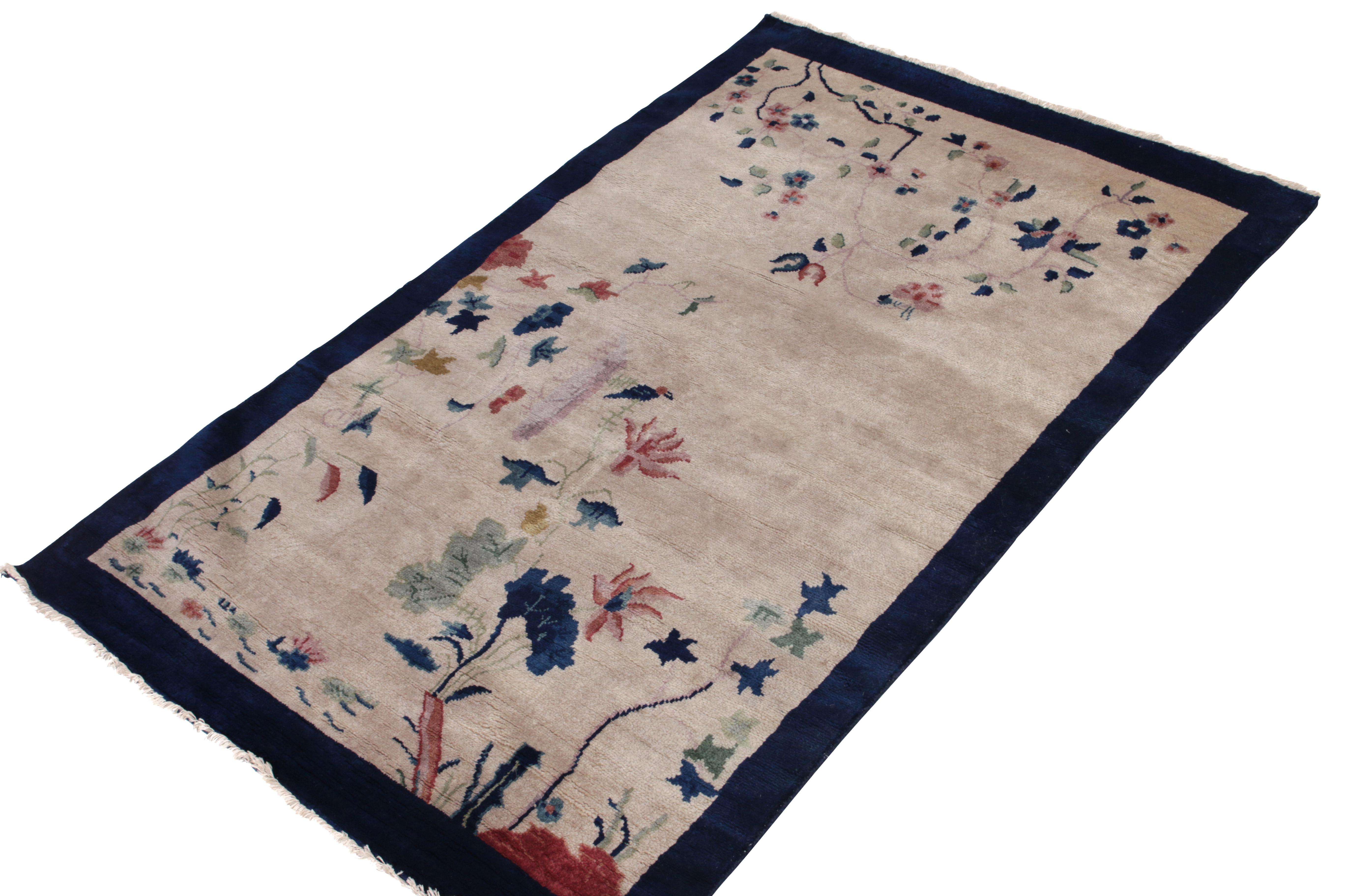 Art Deco Vintage Chinese Deco Style Rug in Blue Border, & Floral Patterns by Rug & Kilim