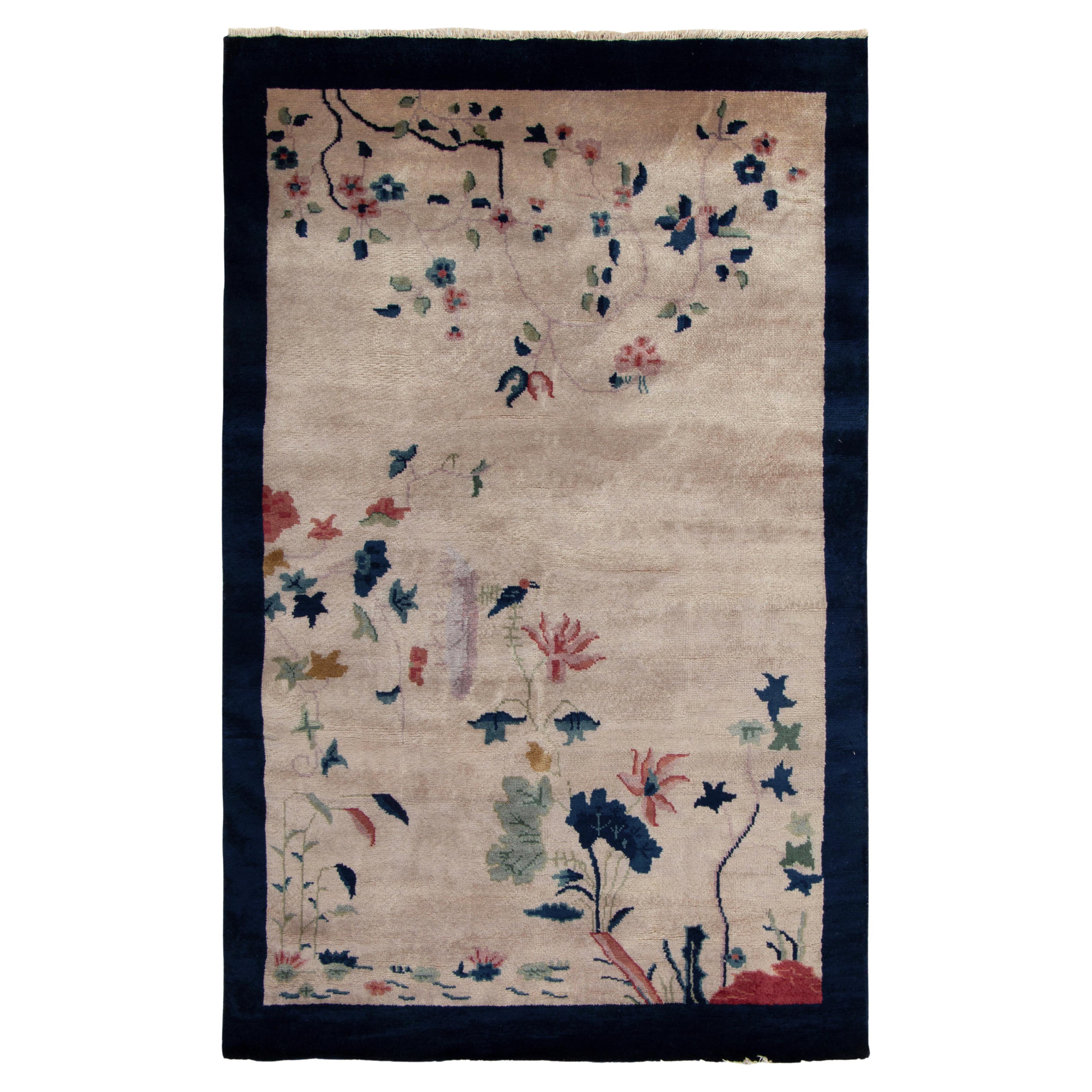 Vintage Chinese Deco Style Rug in Blue and OffWhite Floral Pattern by
