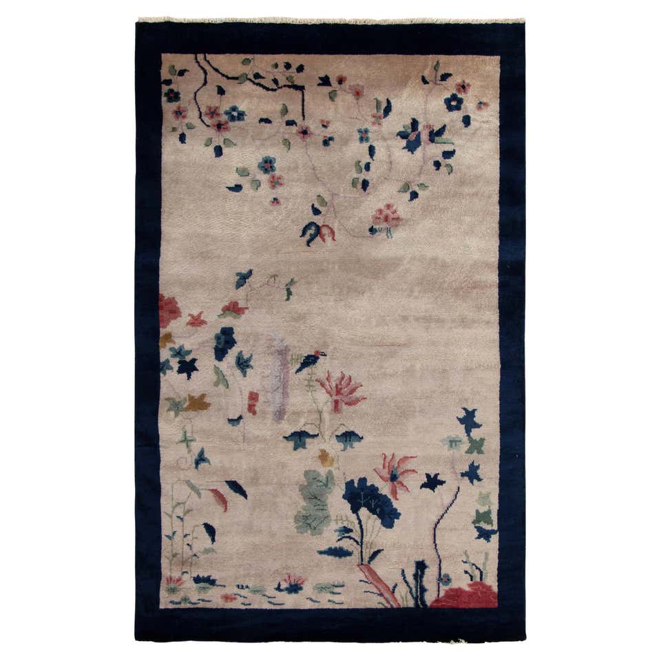 Vintage Chinese Deco Style Rug in Blue and Off-White Floral Pattern by ...