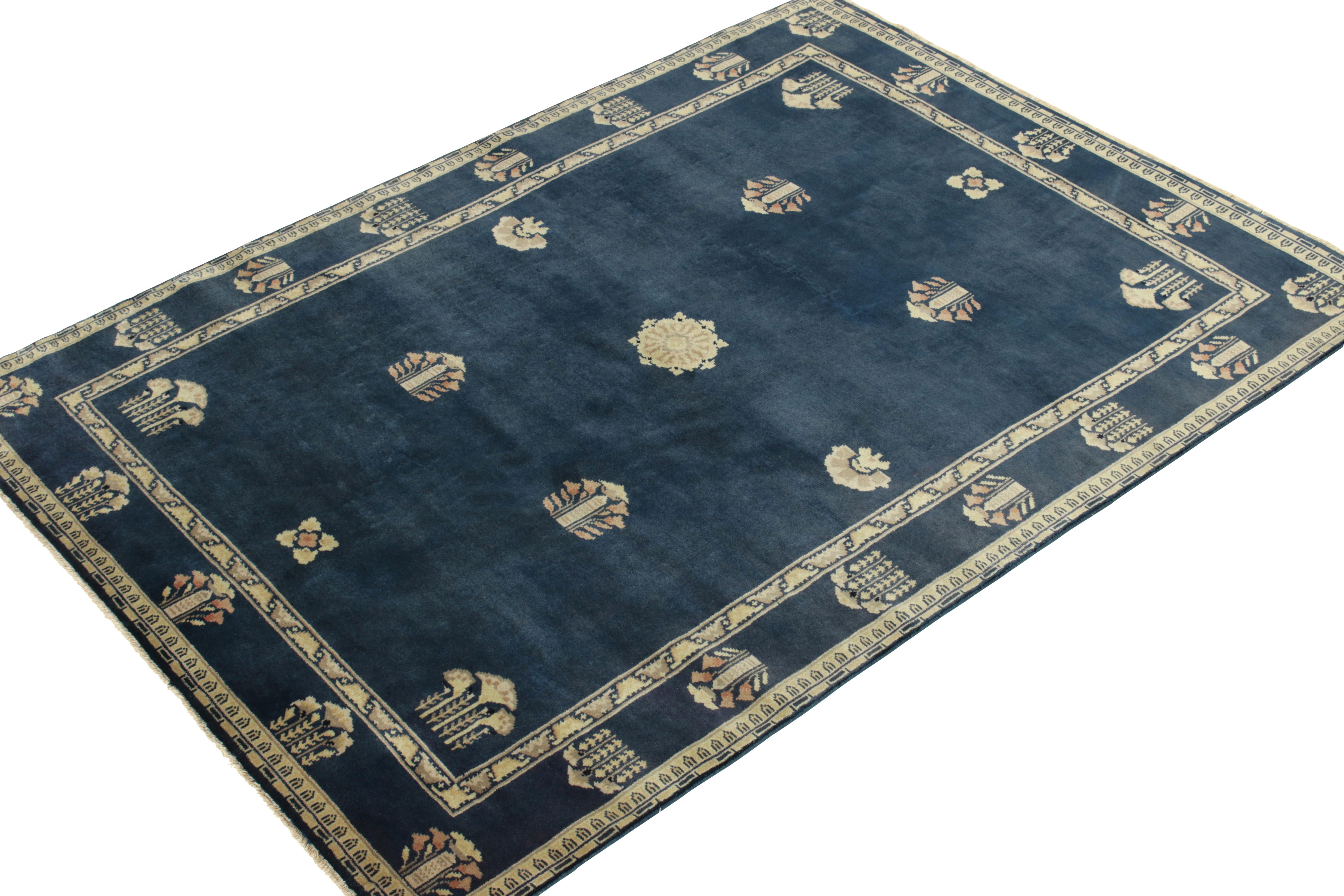 Art Deco Vintage Chinese Deco Style Rug in Blue & Grey Floral Patterns by Rug & Kilim For Sale