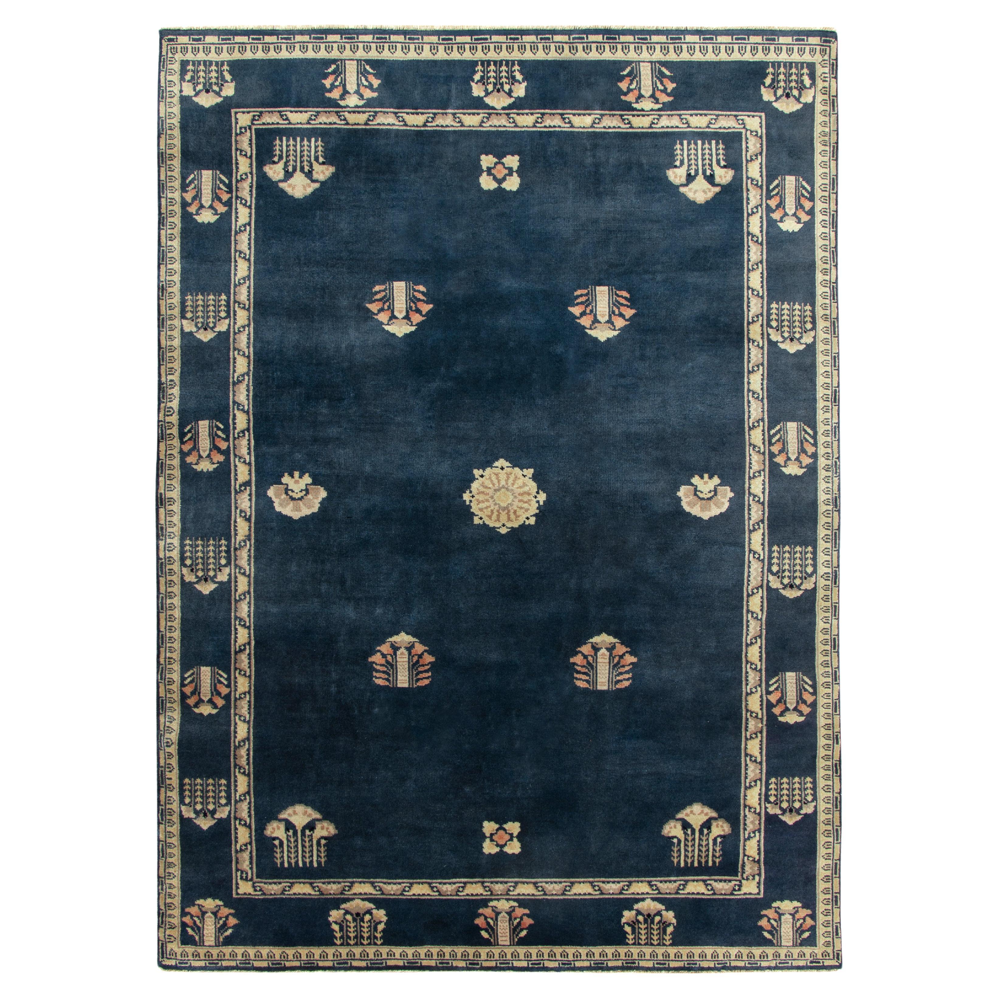 Vintage Chinese Deco Style Rug in Blue & Grey Floral Patterns by Rug & Kilim For Sale