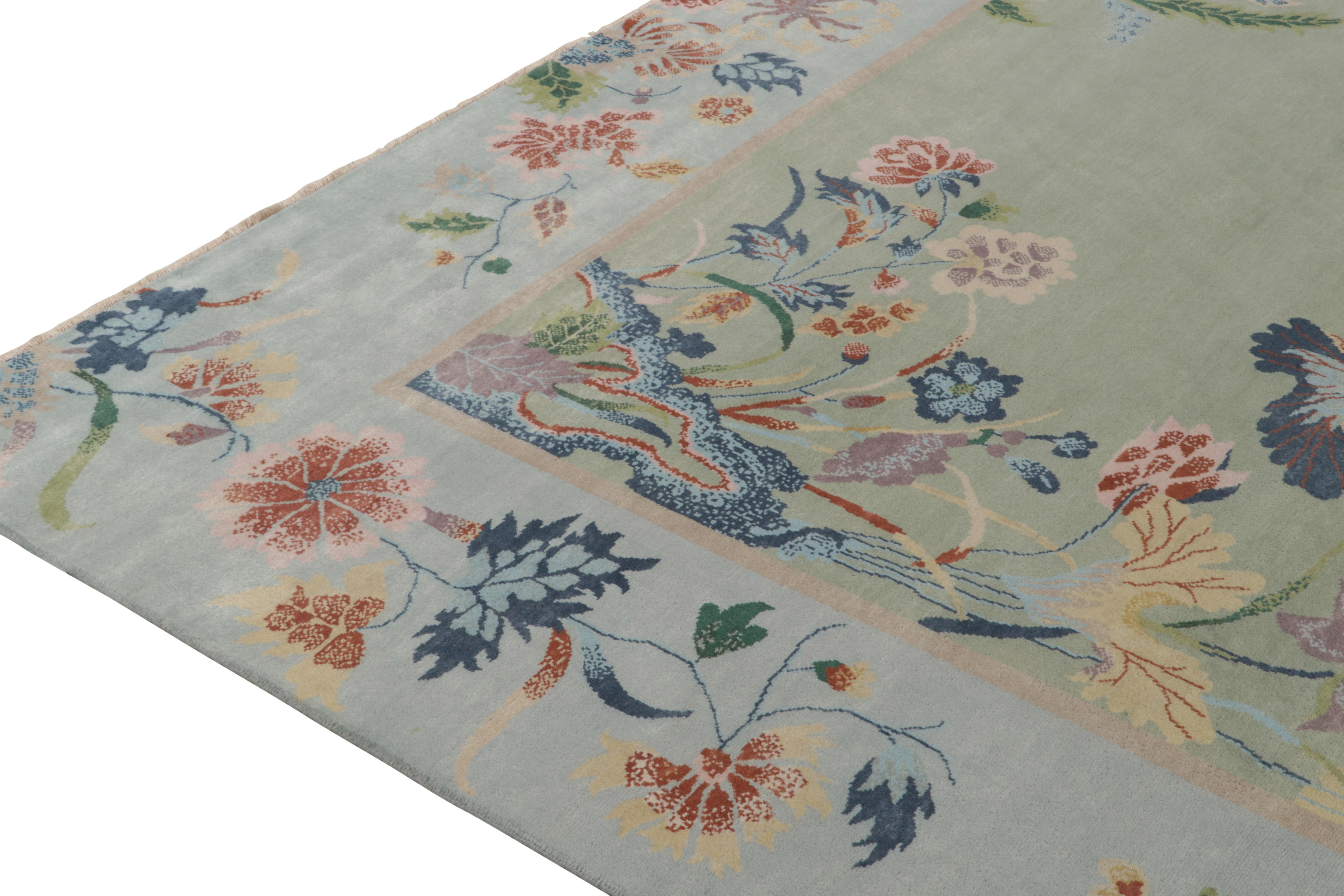 Indian Rug & Kilim’s Chinese Deco Style Rug in Green with Blue Border & Floral Patterns For Sale