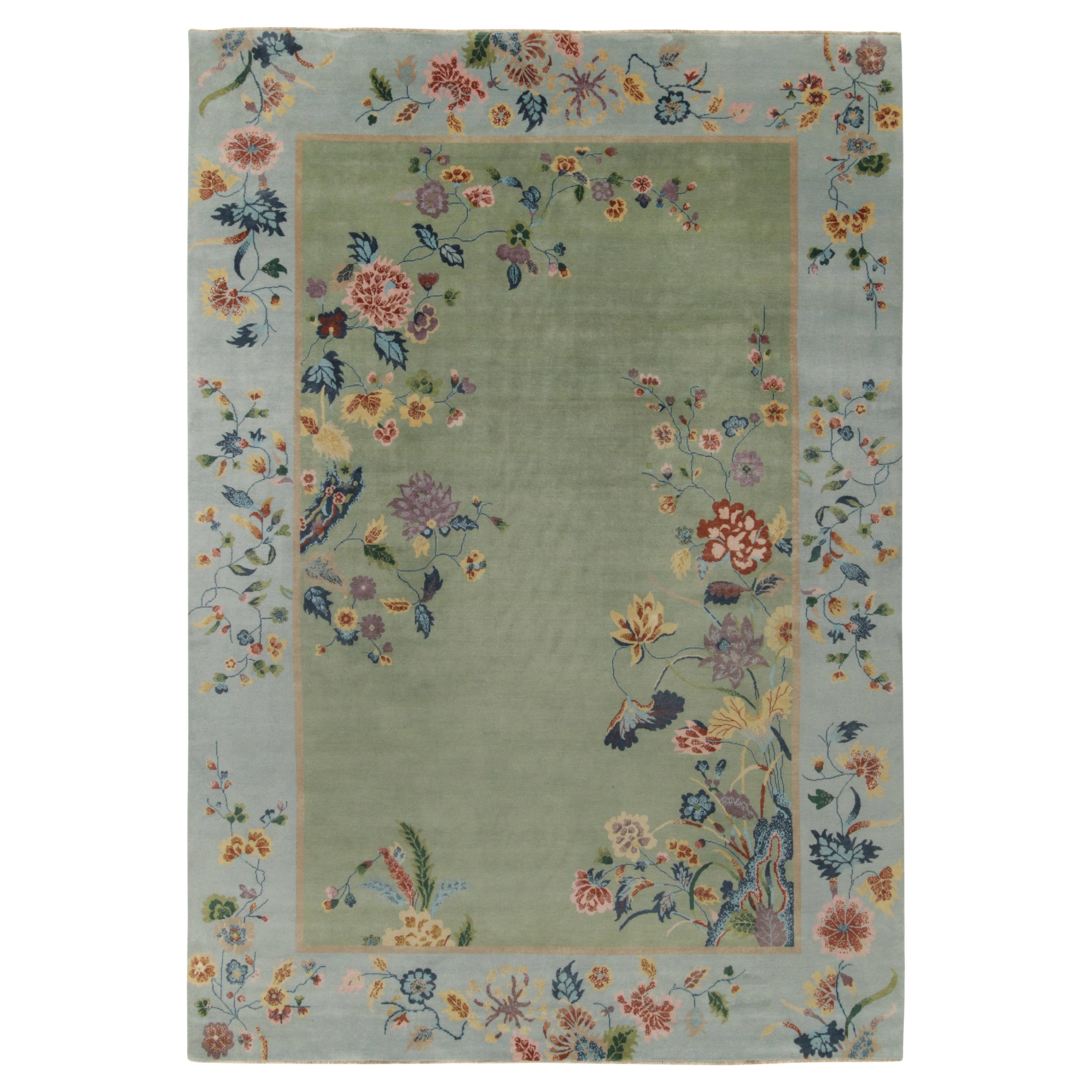 Rug & Kilim’s Chinese Deco Style Rug in Green with Blue Border & Floral Patterns For Sale