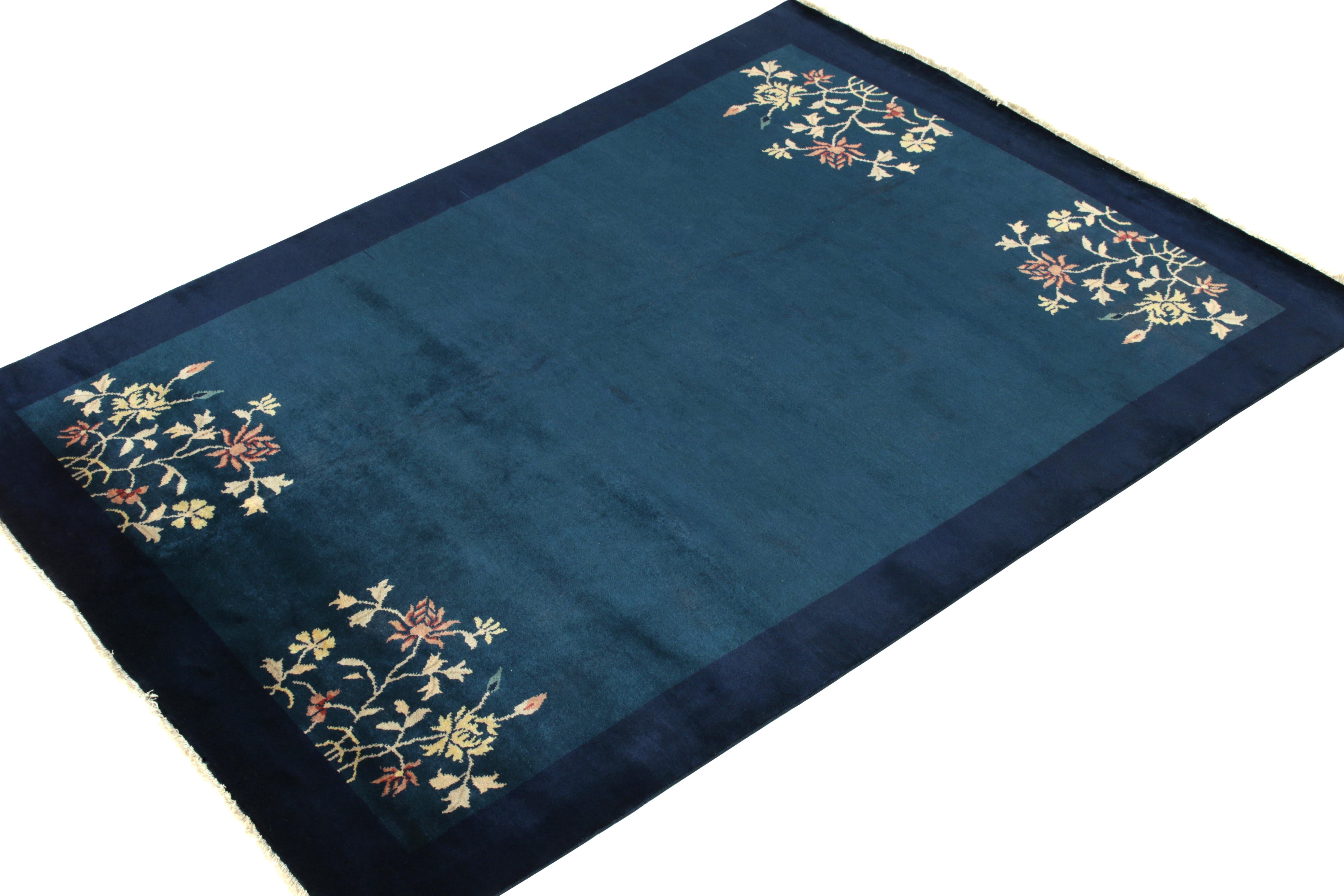 Art Deco Vintage Chinese Deco Style Rug in Blue & Off-White Floral Pattern by Rug & Kilim