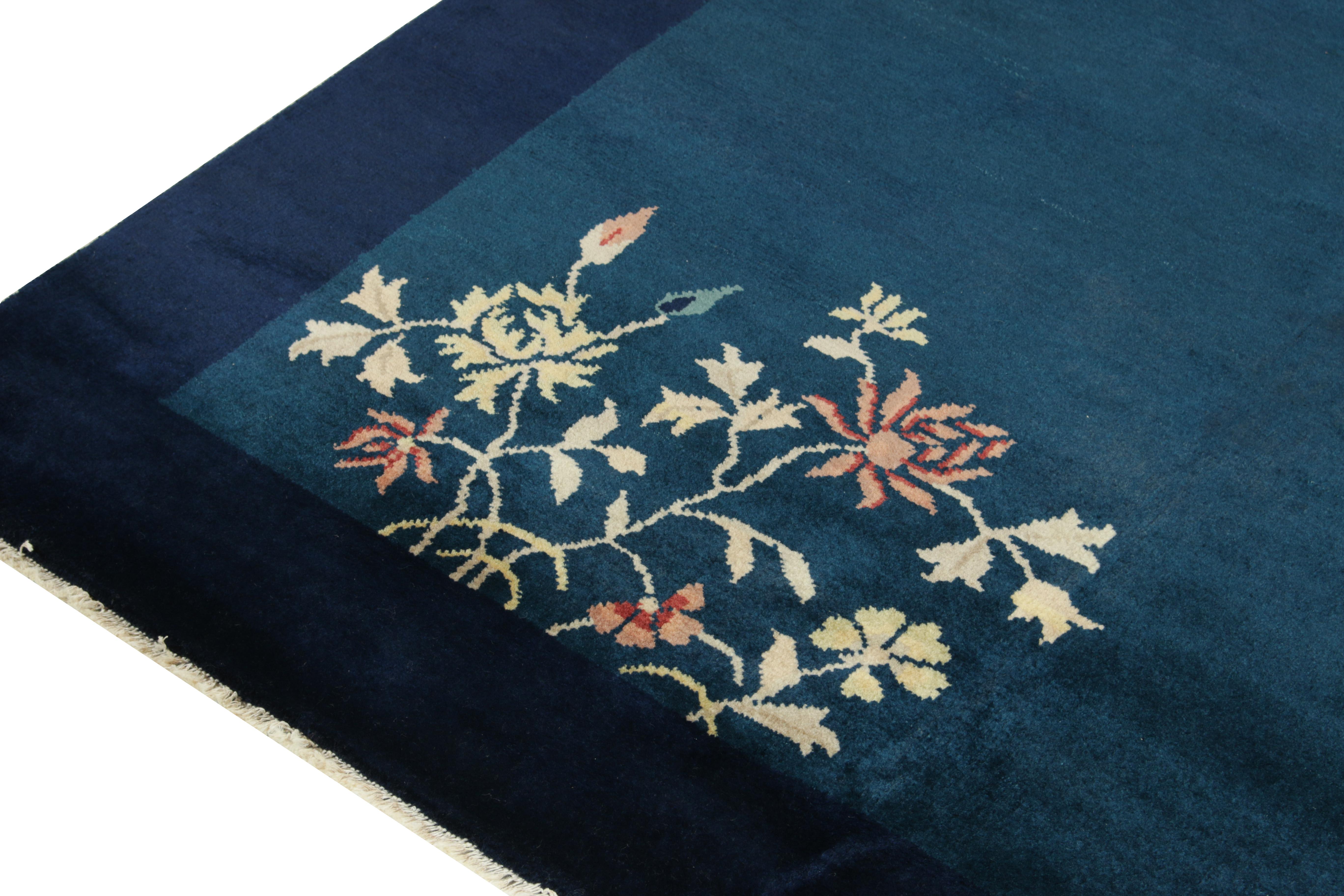 Indian Vintage Chinese Deco Style Rug in Blue & Off-White Floral Pattern by Rug & Kilim