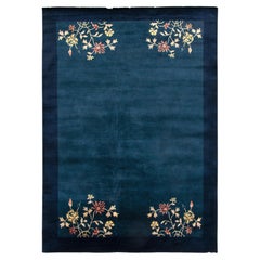 Vintage Chinese Deco Style Rug in Blue, Off-White and Pink Floral Patterns