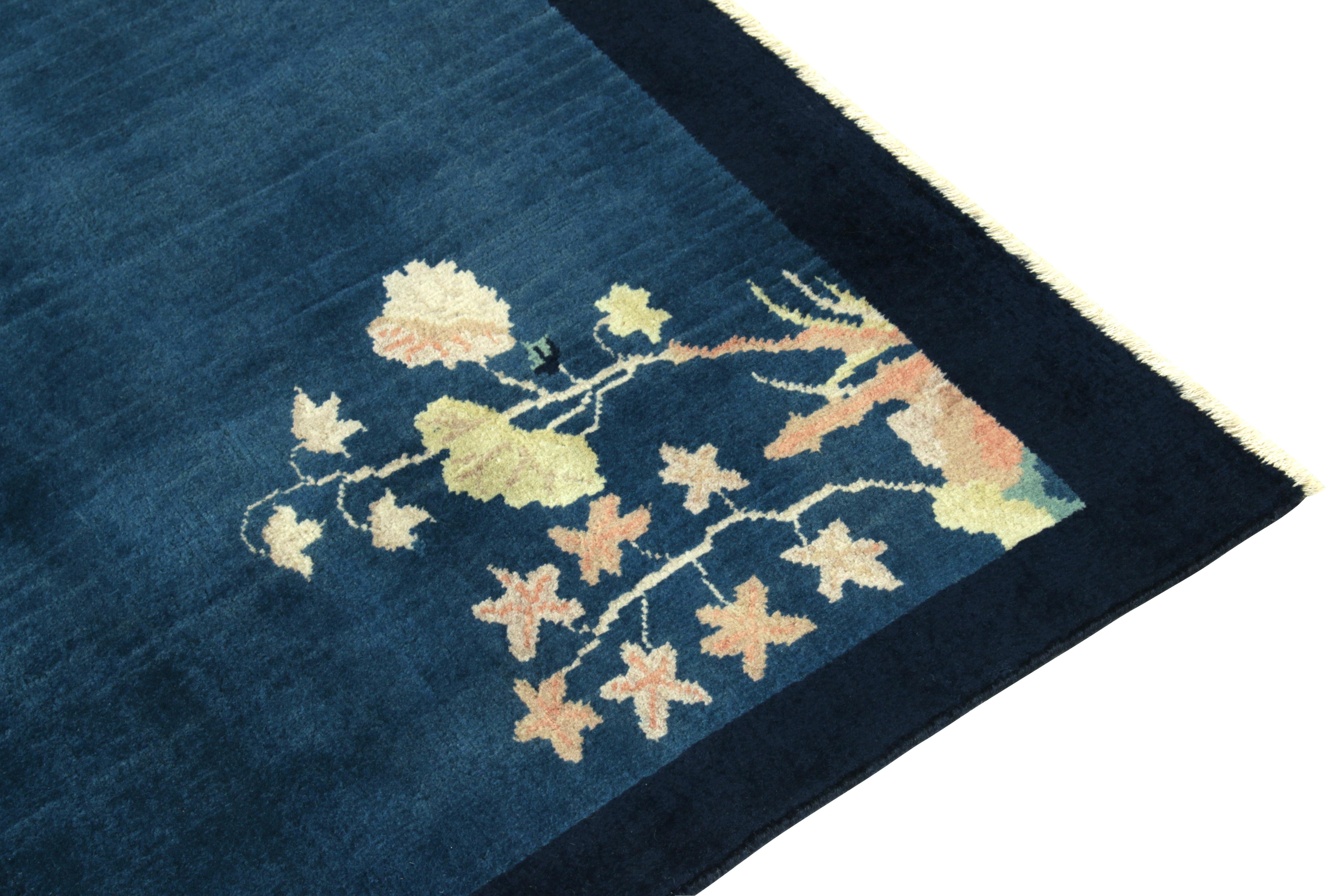Indian Vintage Chinese Deco Style Rug in Blue Open Field, Floral Pattern by Rug & Kilim For Sale