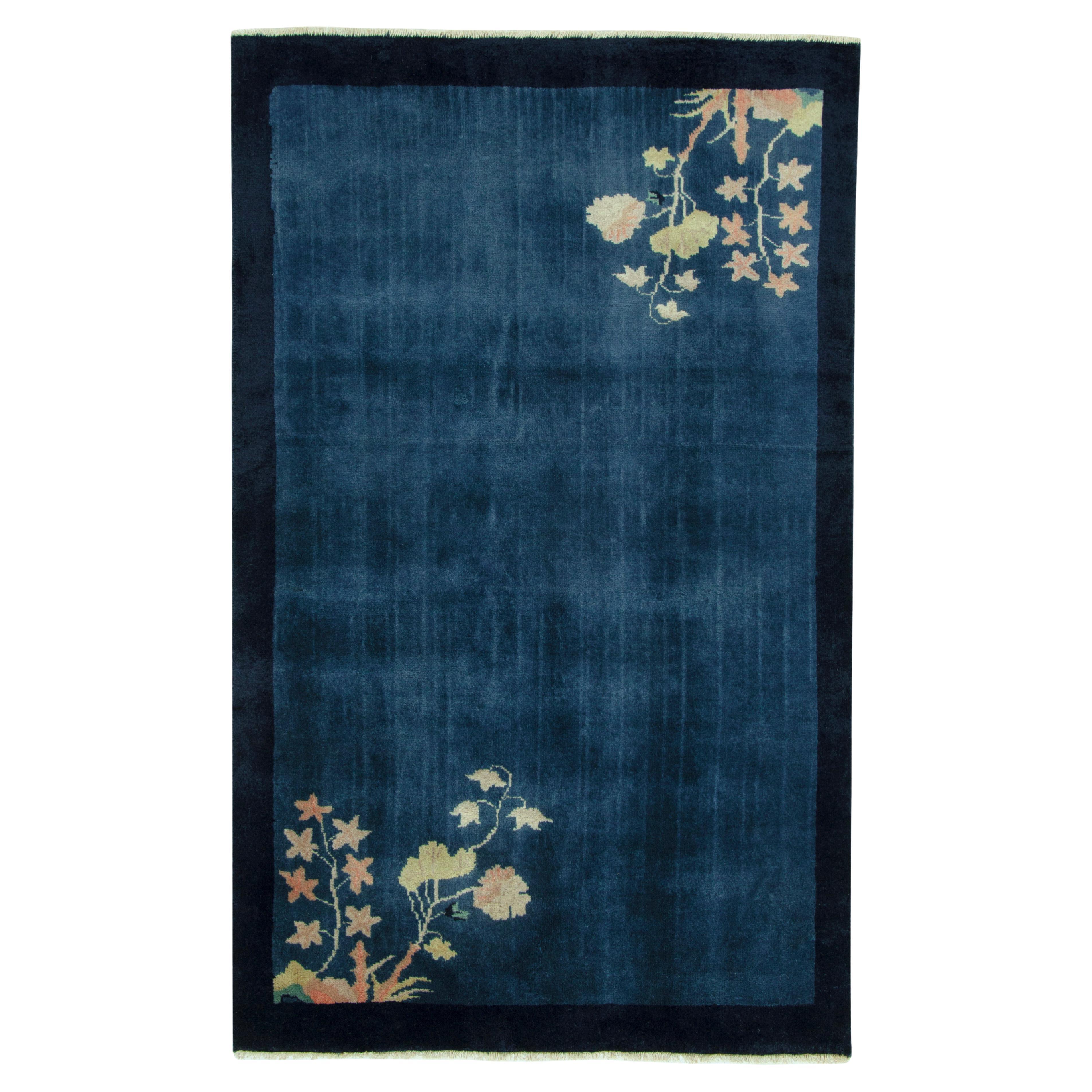 Vintage Chinese Deco Style Rug in Blue Open Field, Floral Pattern by Rug & Kilim For Sale