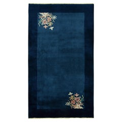 Vintage Chinese Deco Style Rug in Blue Open Field, Pastel Floral Pattern