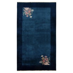 Vintage Chinese Deco Style Rug in Blue Open Field, Pink Floral Patterns