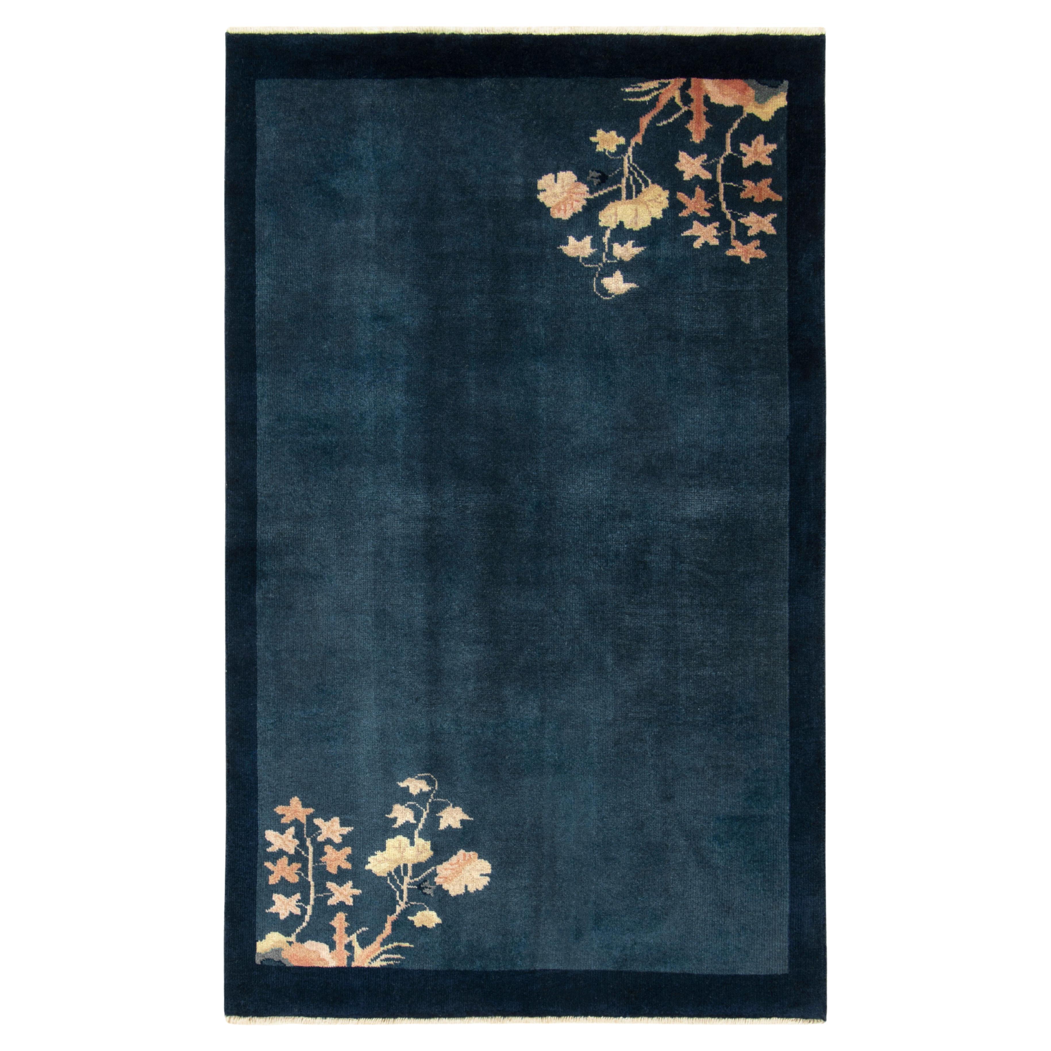 Vintage Chinese Deco Rug in Beige Open Field, Blue Floral Pattern by