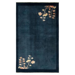 Vintage Chinese Deco Style Rug in Blue Open Field with Florals by Rug 
Kilim