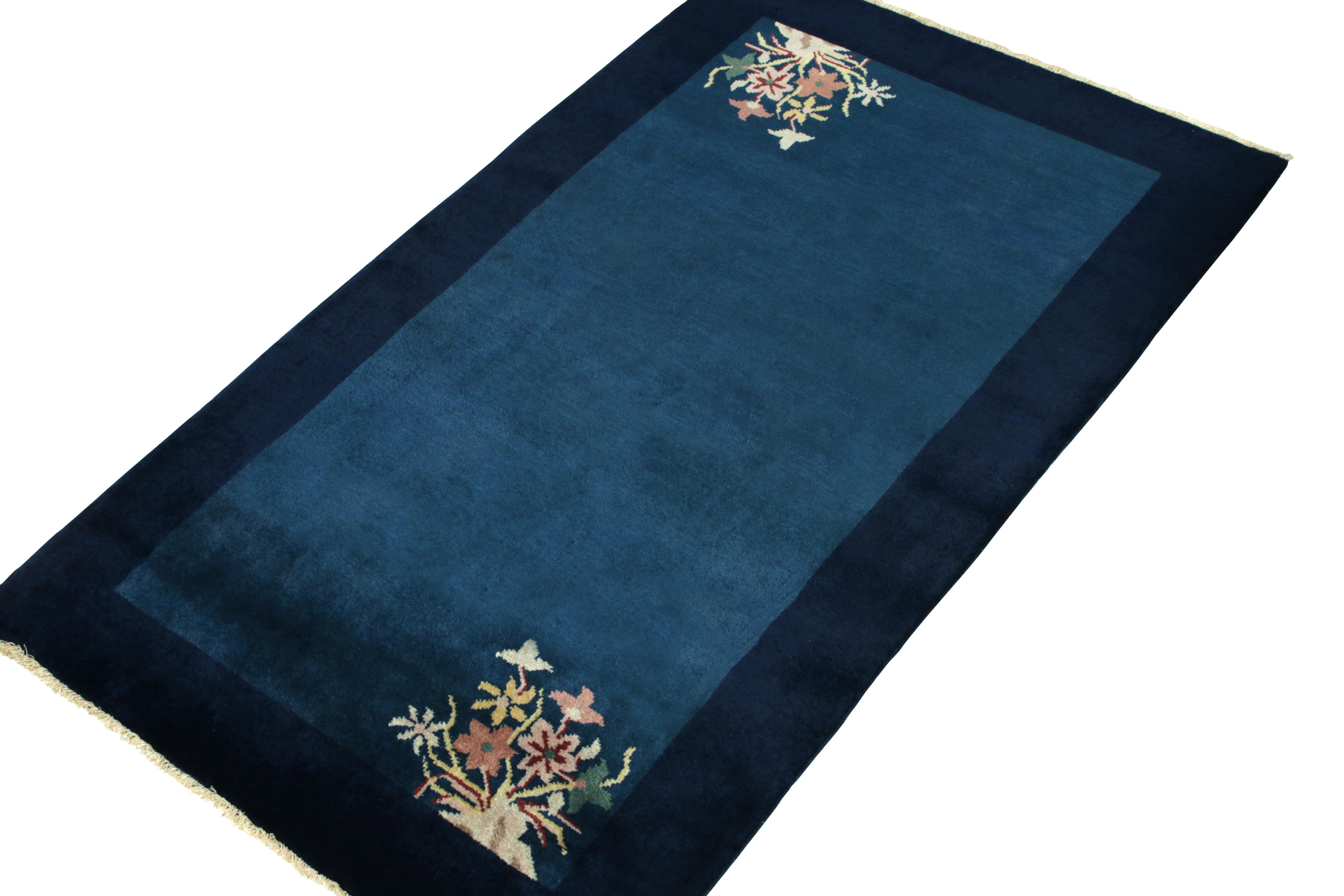 Art Deco Vintage Chinese Deco Style Rug in Blue with Floral Patterns by Rug & Kilim