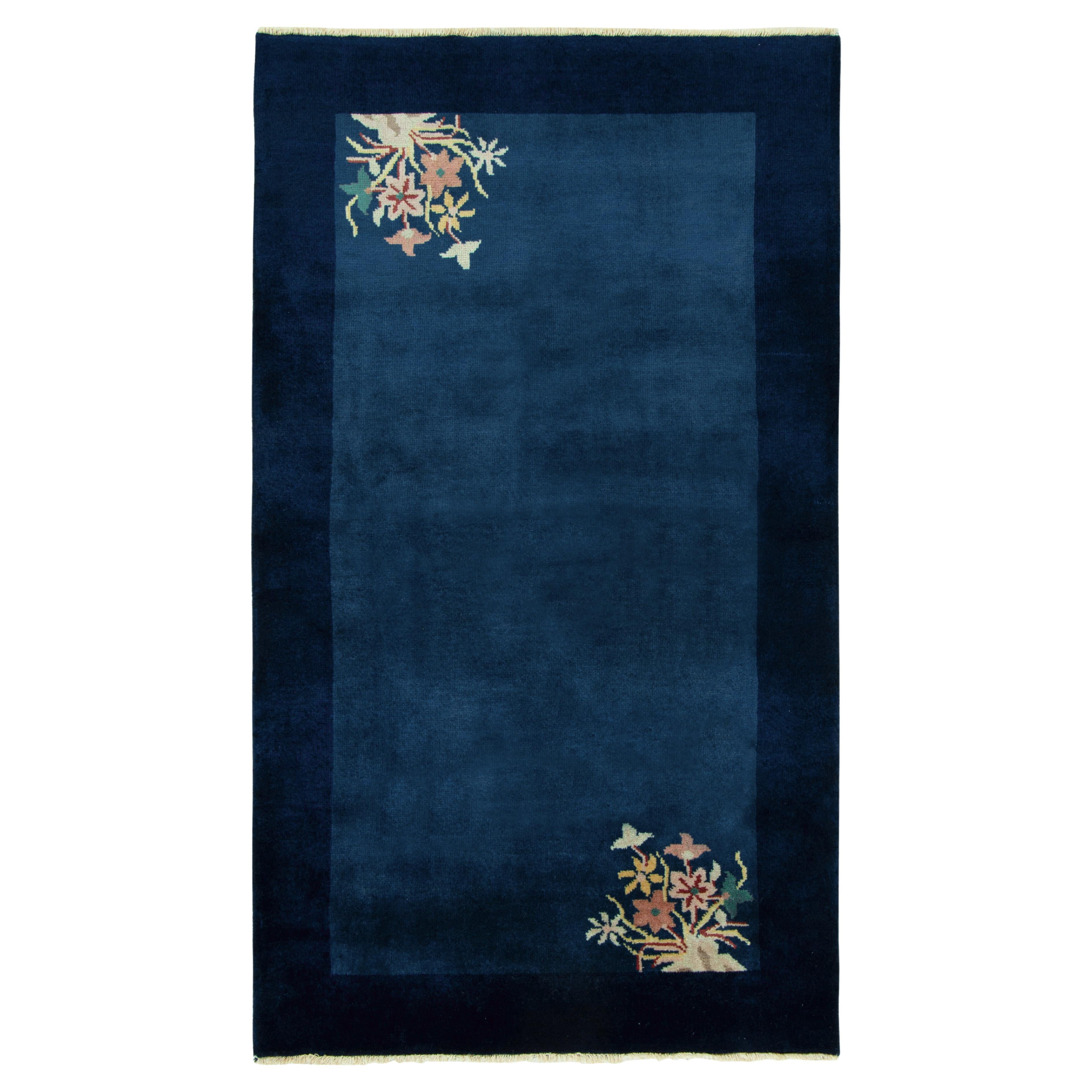 Vintage Chinese Deco Style Rug in Blue with Floral Patterns by Rug & Kilim