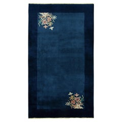 Vintage Chinese Deco Style Rug in Blue Open Field with Floral Patterns