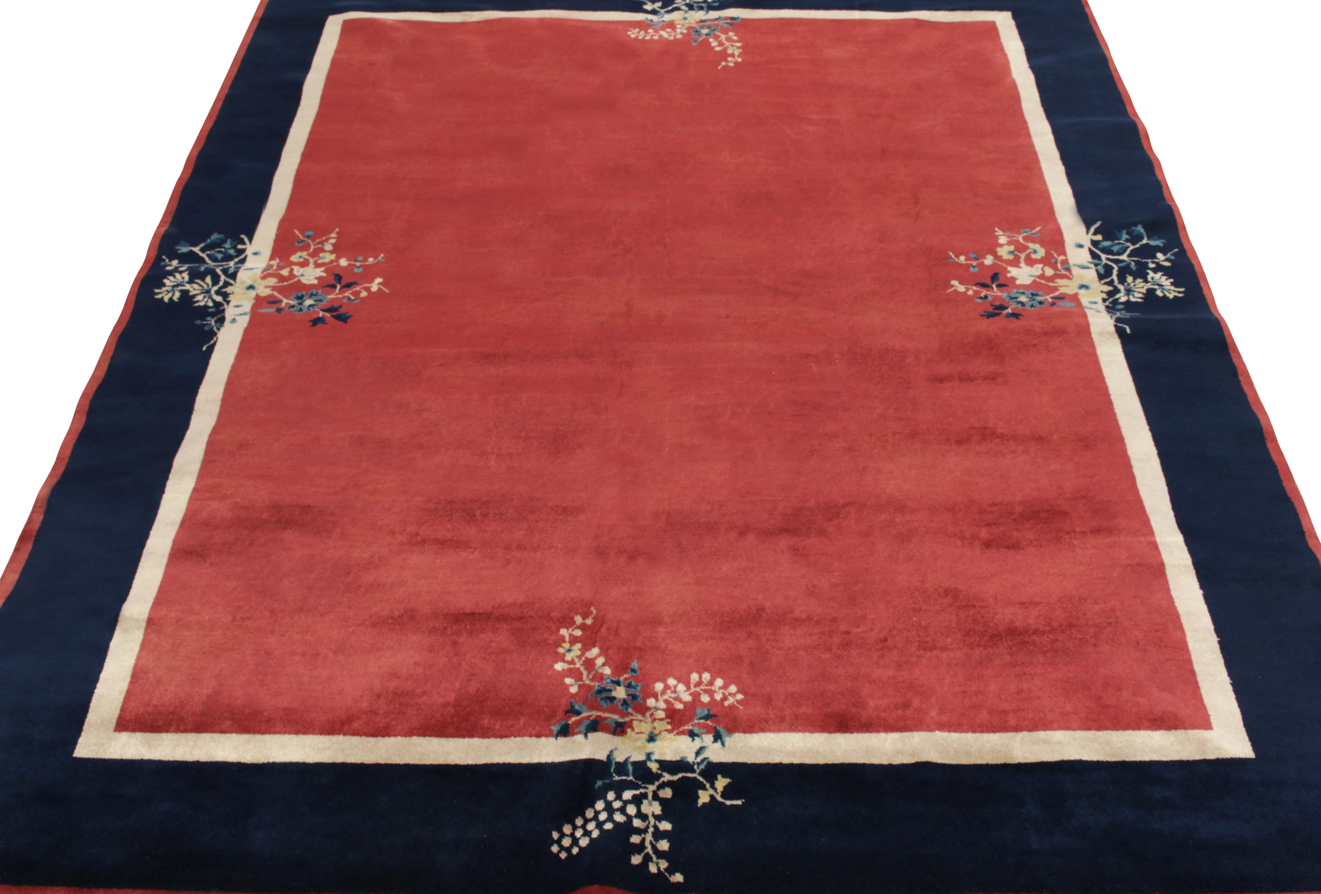 Hand-knotted in wool, an 8 x 10 vintage ode to Chinese art deco rugs from a new line in our Antique & Vintage collection—inspired by classic sensibilities of the 1920s. The rug enjoys a healthy pile in a light red with mild light and dark spots on