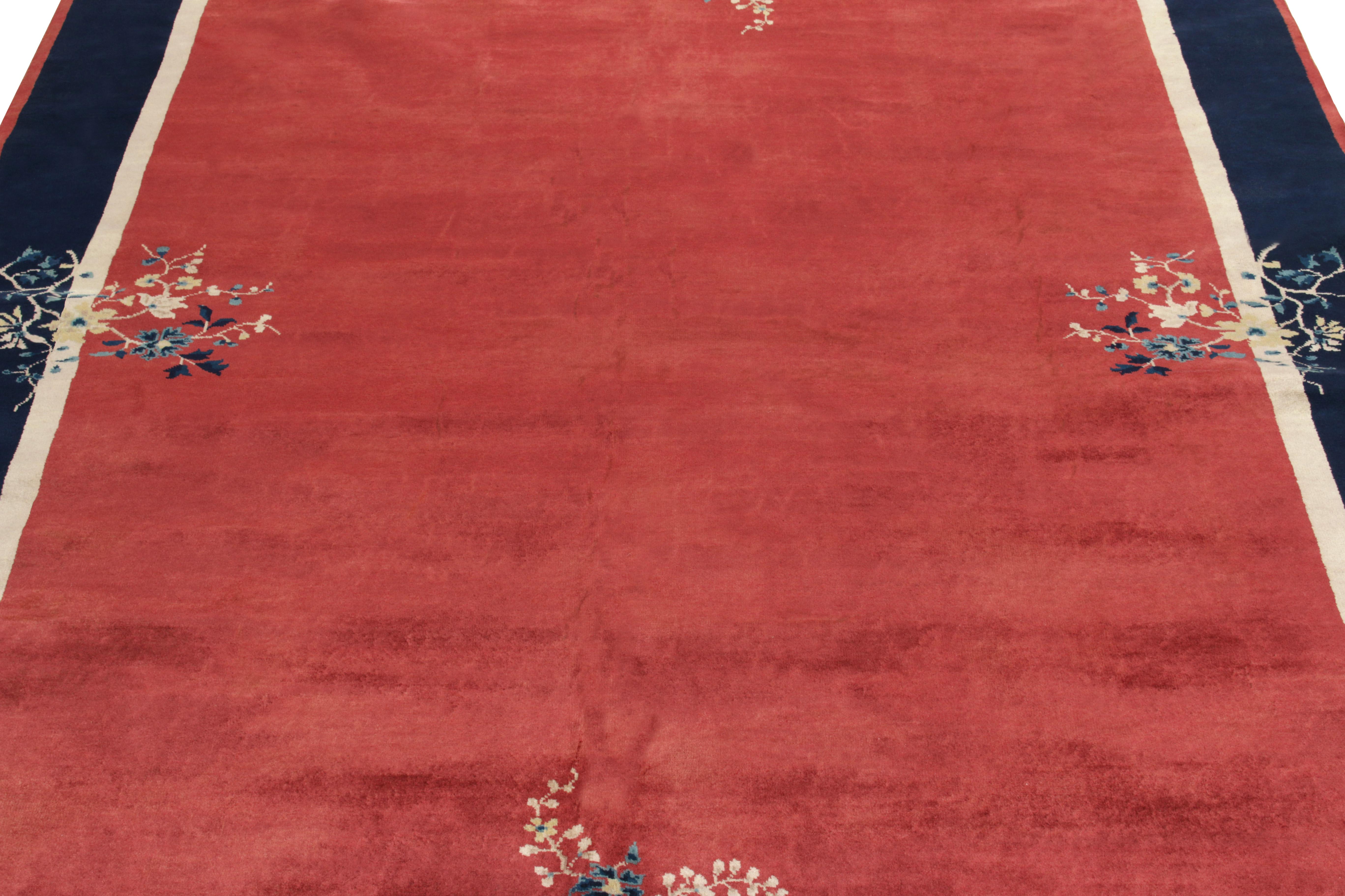 Art Deco Vintage Chinese Deco Style Rug in Red, Blue, White Floral Pattern by Rug & Kilim