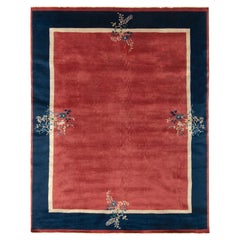 Vintage Chinese Deco Style Rug in Cardinal Red, Blue, White Floral Patterns
