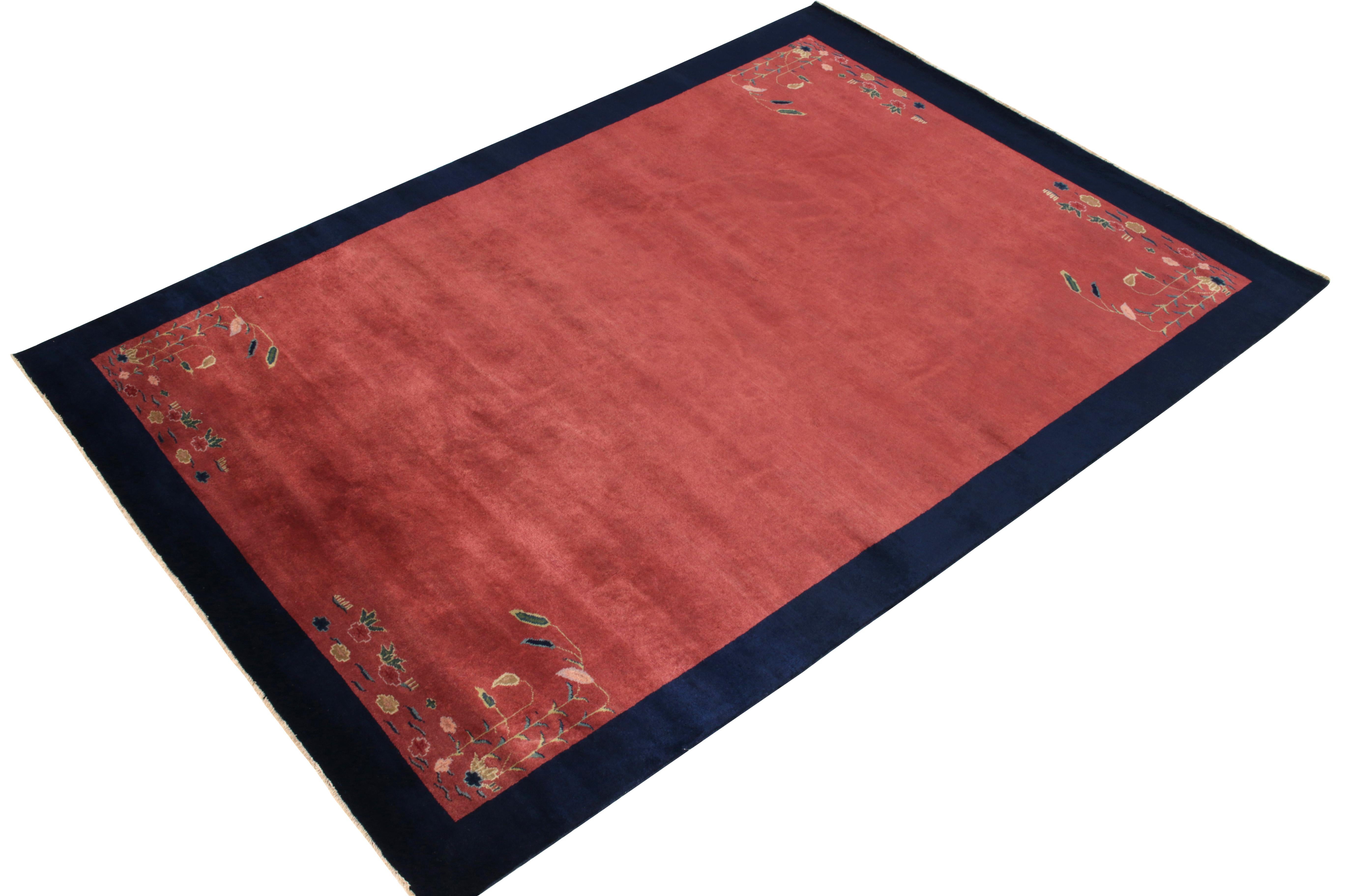 Art Deco Vintage Chinese Deco Style Rug in Coral Red, Blue Floral Pattern by Rug & Kilim For Sale
