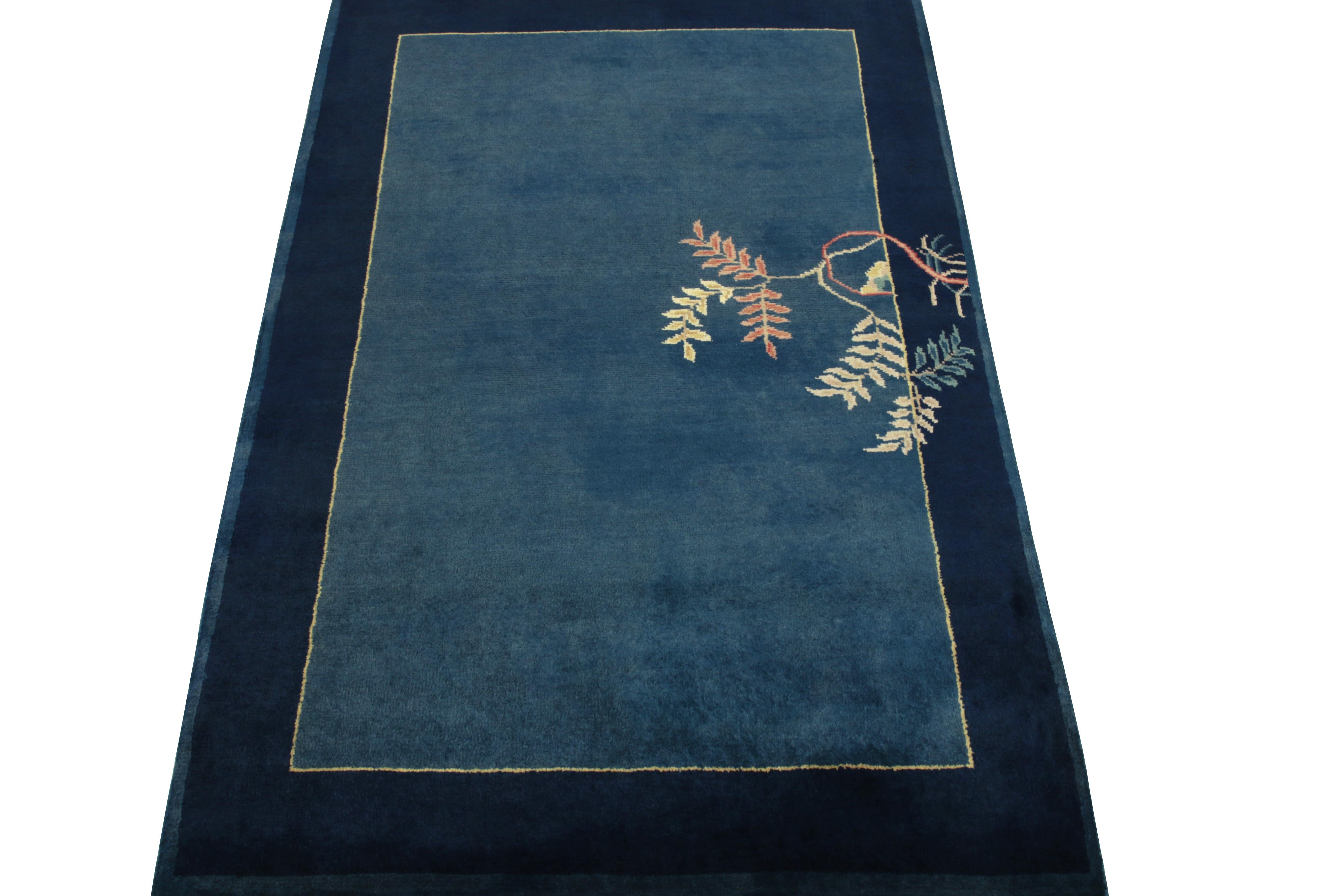 Hand-knotted in wool, a 3x5 Art Deco rug from our Antique & Vintage collection exemplifying 1920s Chinese Deco inspiration. The gorgeous pattern alludes to a blossoming tree in lime green, sky blue & muted pink tones resting harmoniously on an