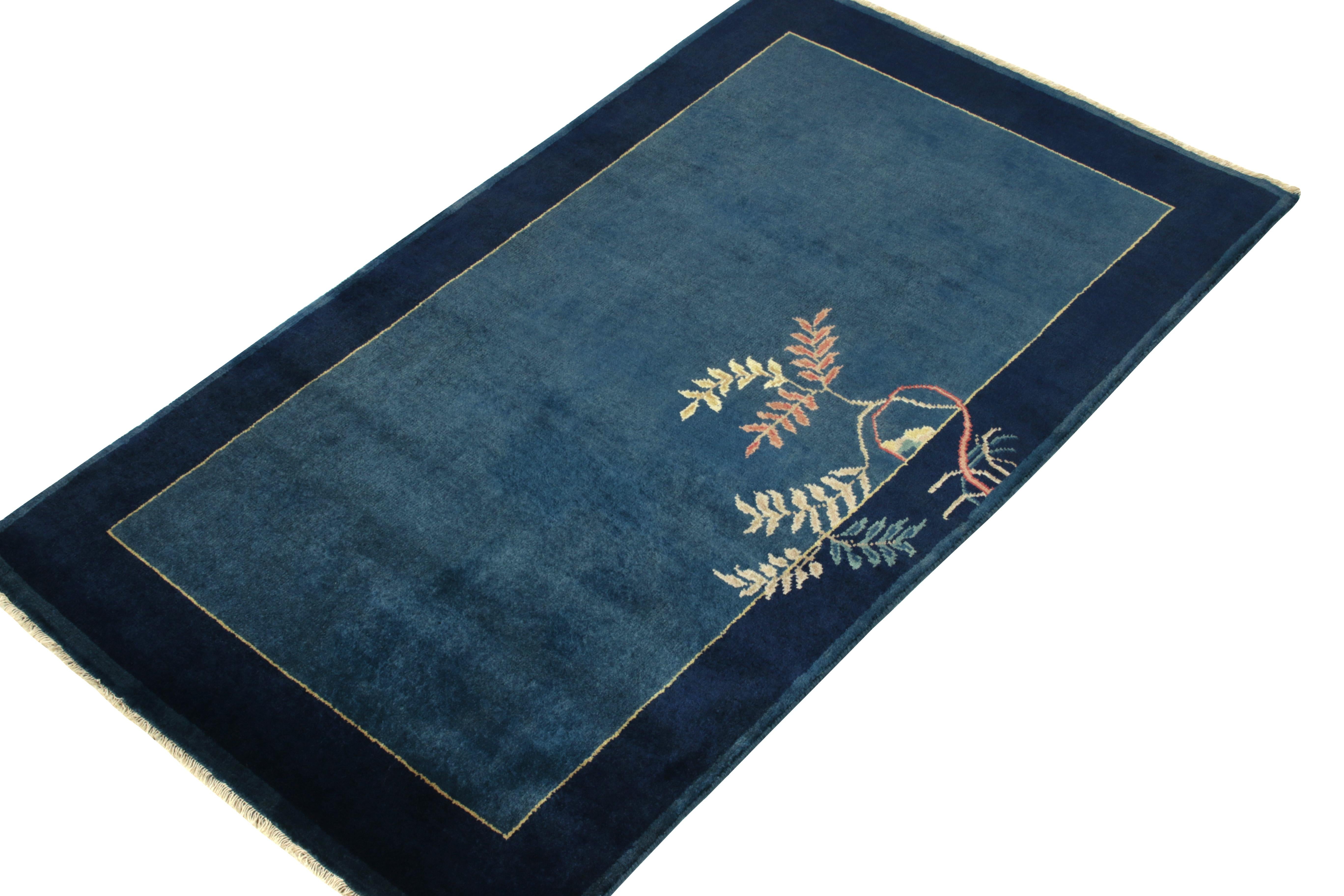 Art Deco Vintage Chinese Deco Style Rug in Deep Blue, Bright Floral Pattern, Navy Border