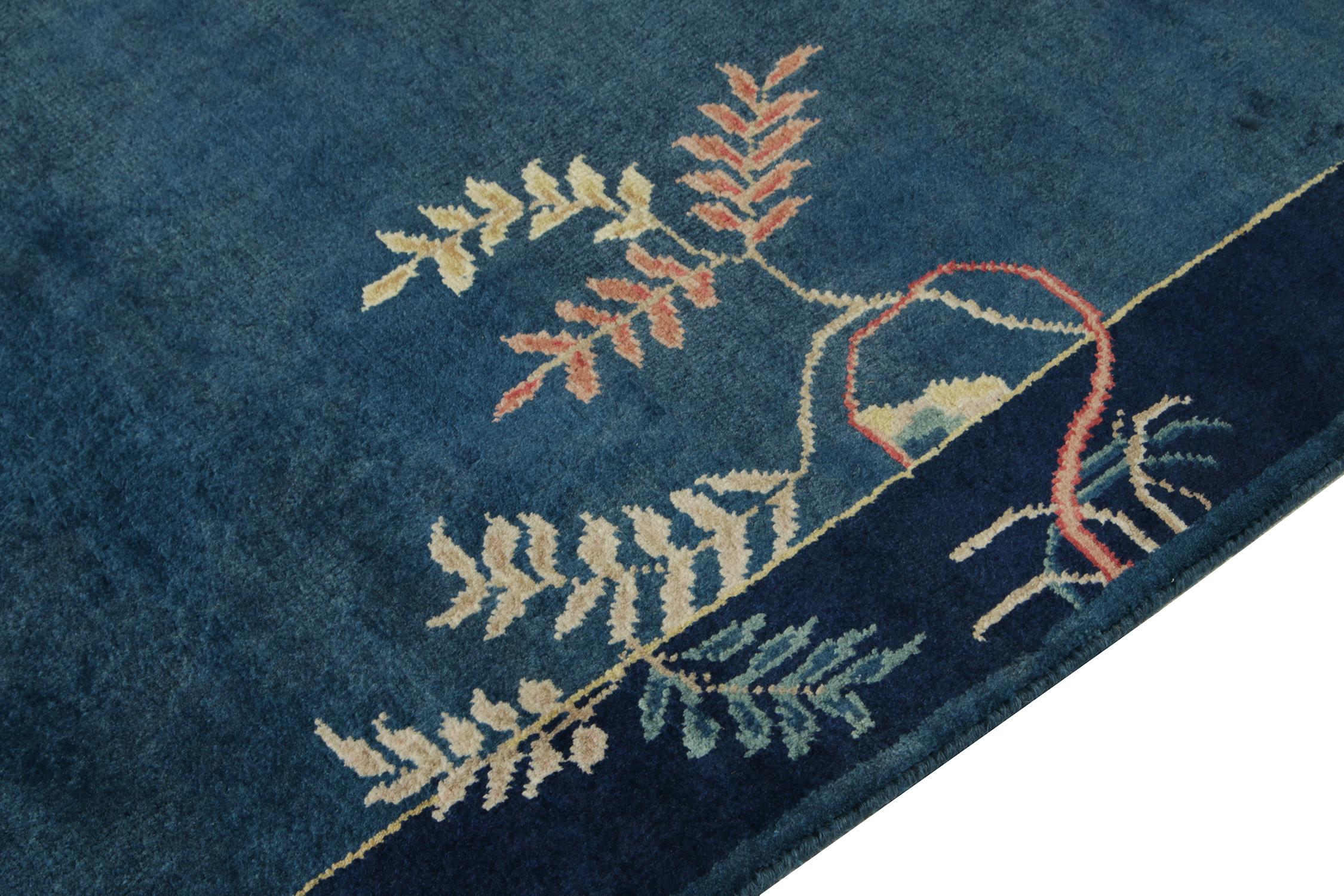 Hand-Knotted Vintage Chinese Deco Style Rug in Deep Blue, Bright Floral Pattern, Navy Border