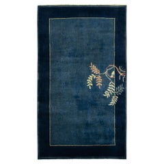 Vintage Chinese Deco Style Rug in Deep Blue, Bright Floral Pattern, Navy Border