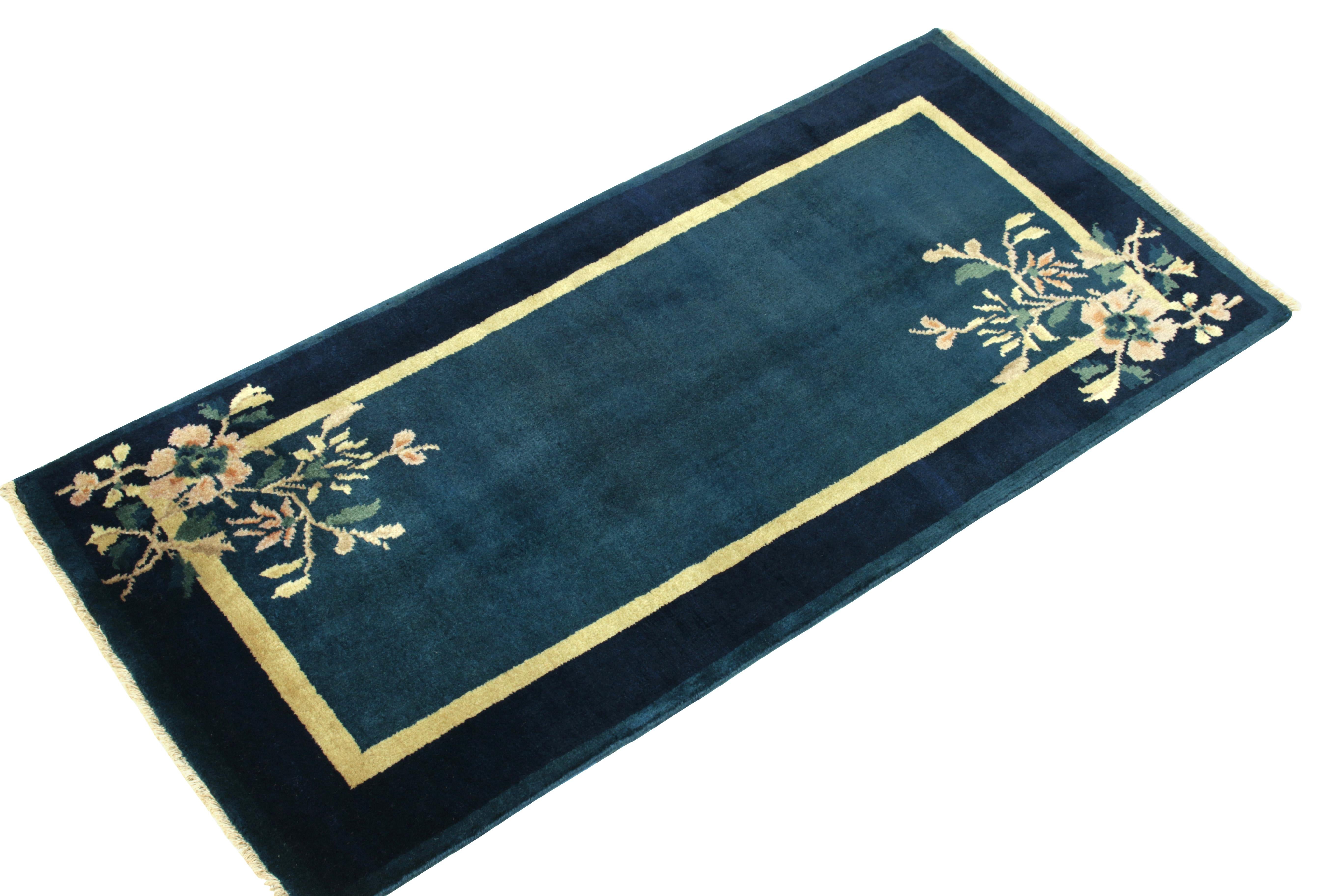Art Deco Vintage Chinese Deco Style Rug in Deep Blue, Gold, Floral Pattern by Rug & Kilim For Sale