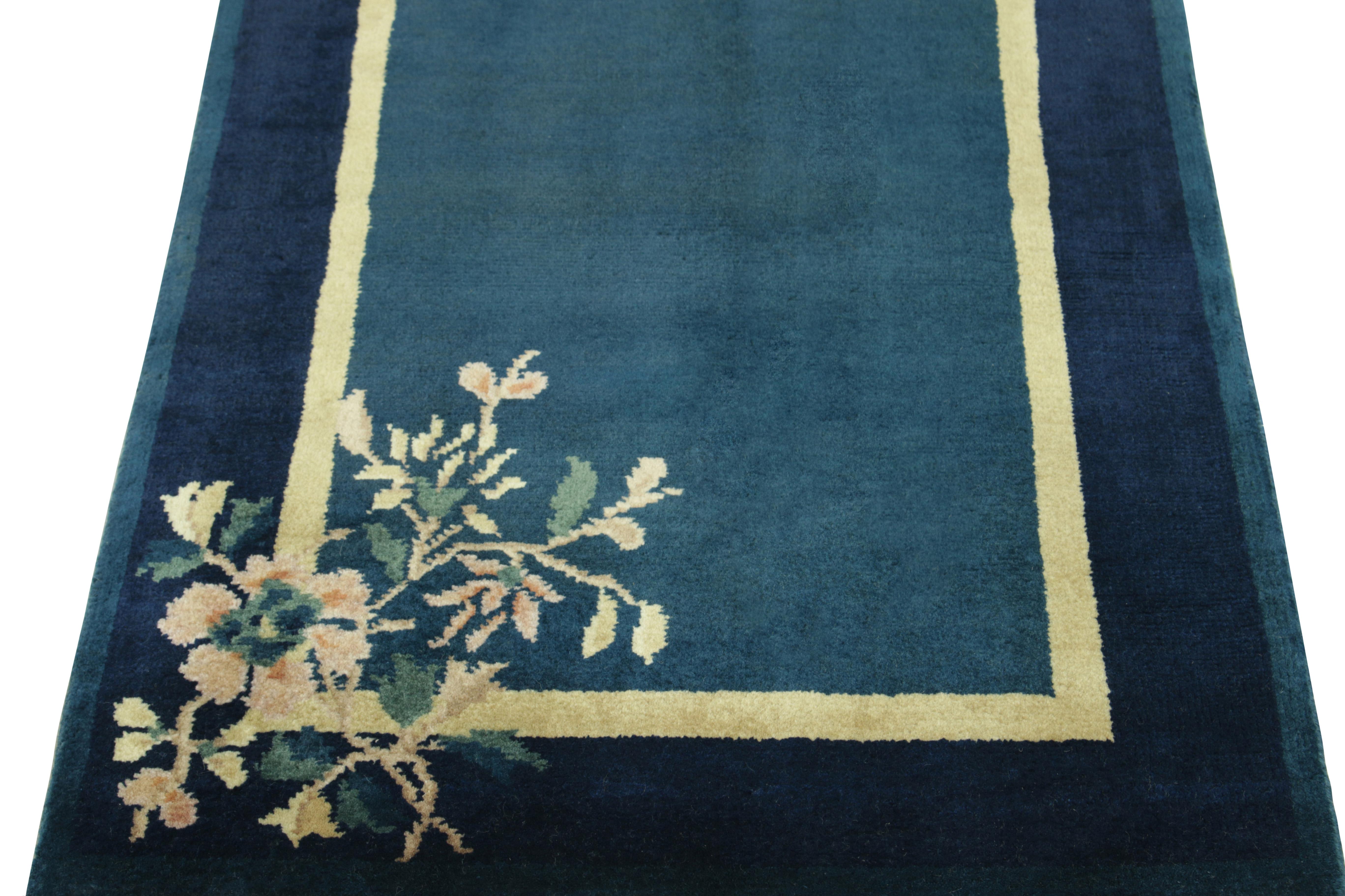 Indian Vintage Chinese Deco Style Rug in Deep Blue, Gold, Floral Pattern by Rug & Kilim For Sale