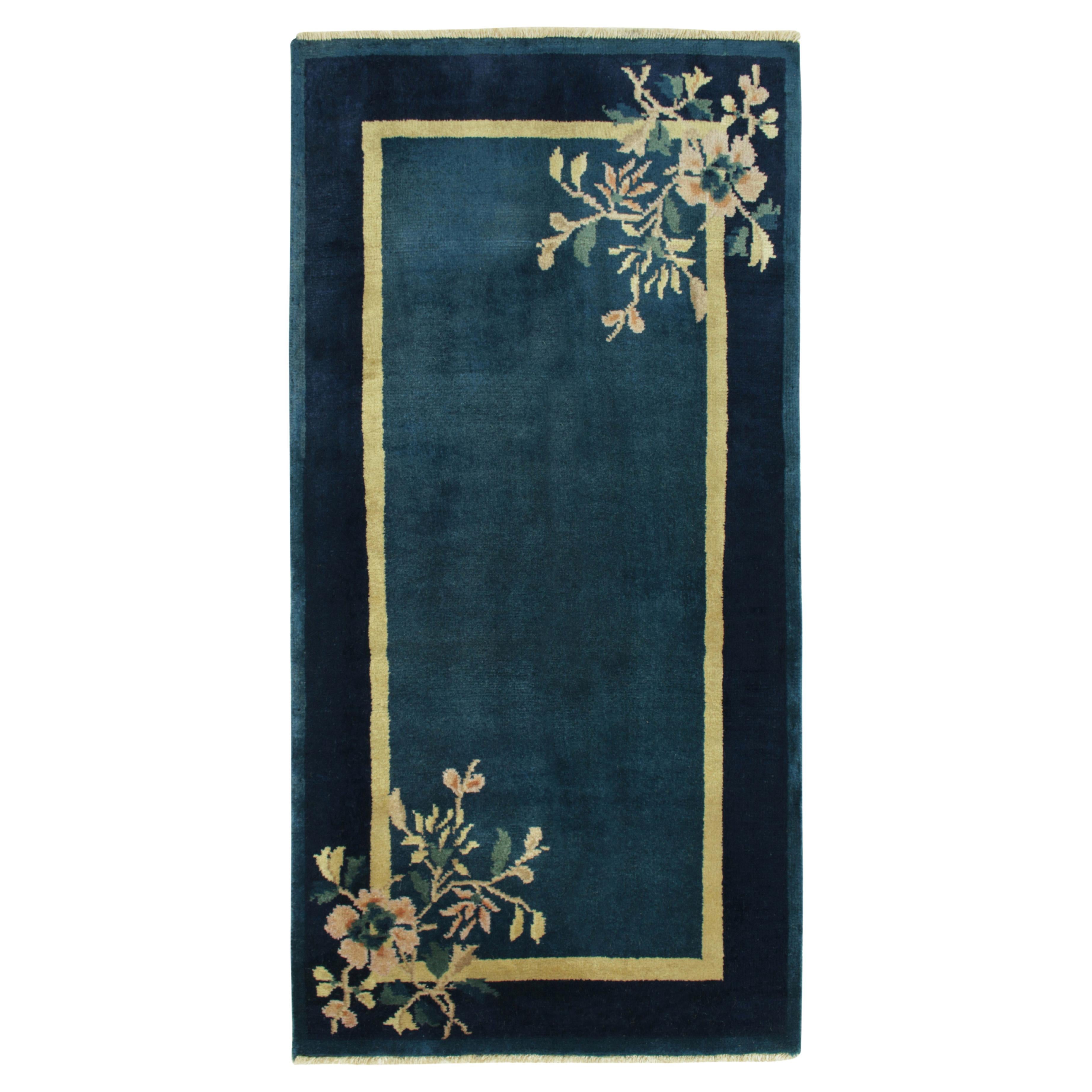 Vintage Chinese Deco Style Rug in Deep Blue, Gold, Floral Pattern by Rug & Kilim