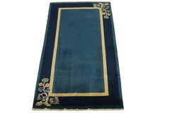 Vintage Chinese Deco Style Rug in Blue, Gold with Floral Pattern by Rug & Kilim