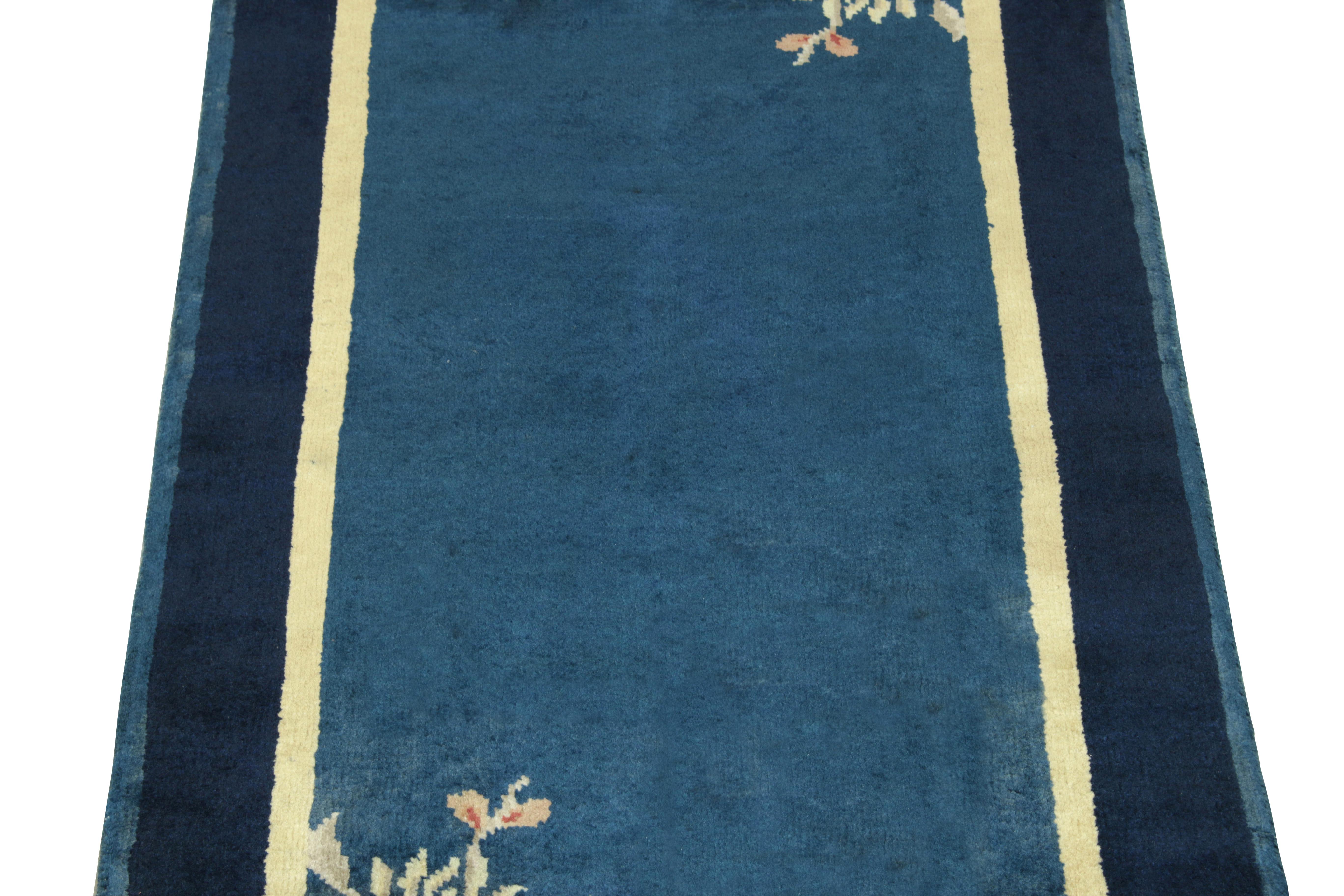 Indian Vintage Chinese Deco Style Rug in Blue Gold, Light Floral Pattern by Rug & Kilim For Sale