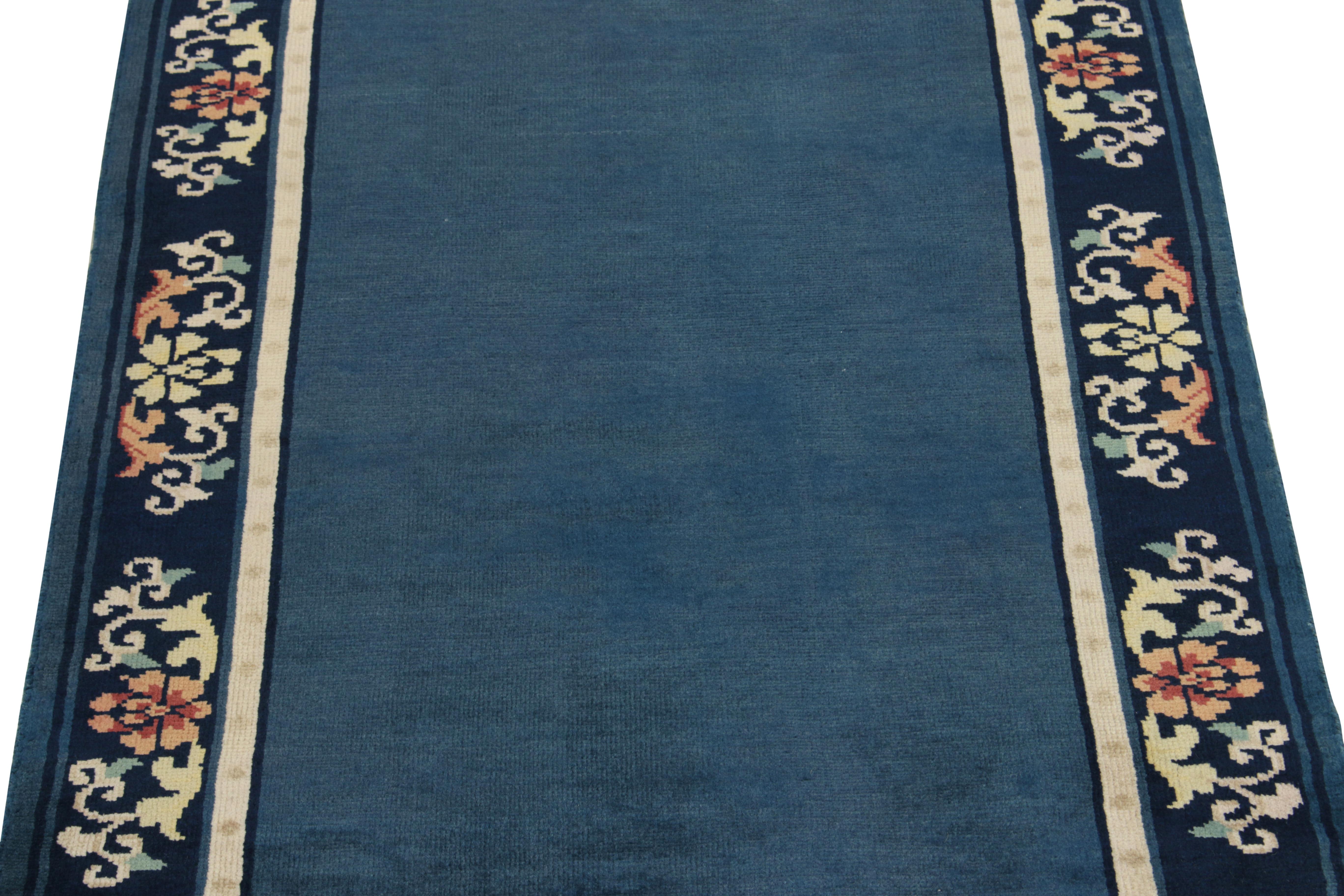 Indian Vintage Chinese Deco Style Rug in Deep Blue, with Floral Pattern by Rug & Kilim