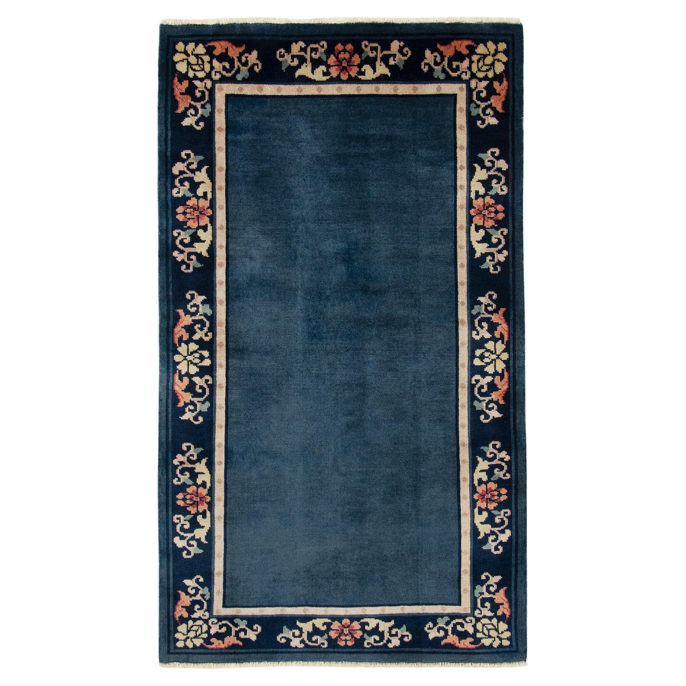 Vintage Chinese Deco Style Rug in Deep Blue, with Floral Pattern by Rug & Kilim