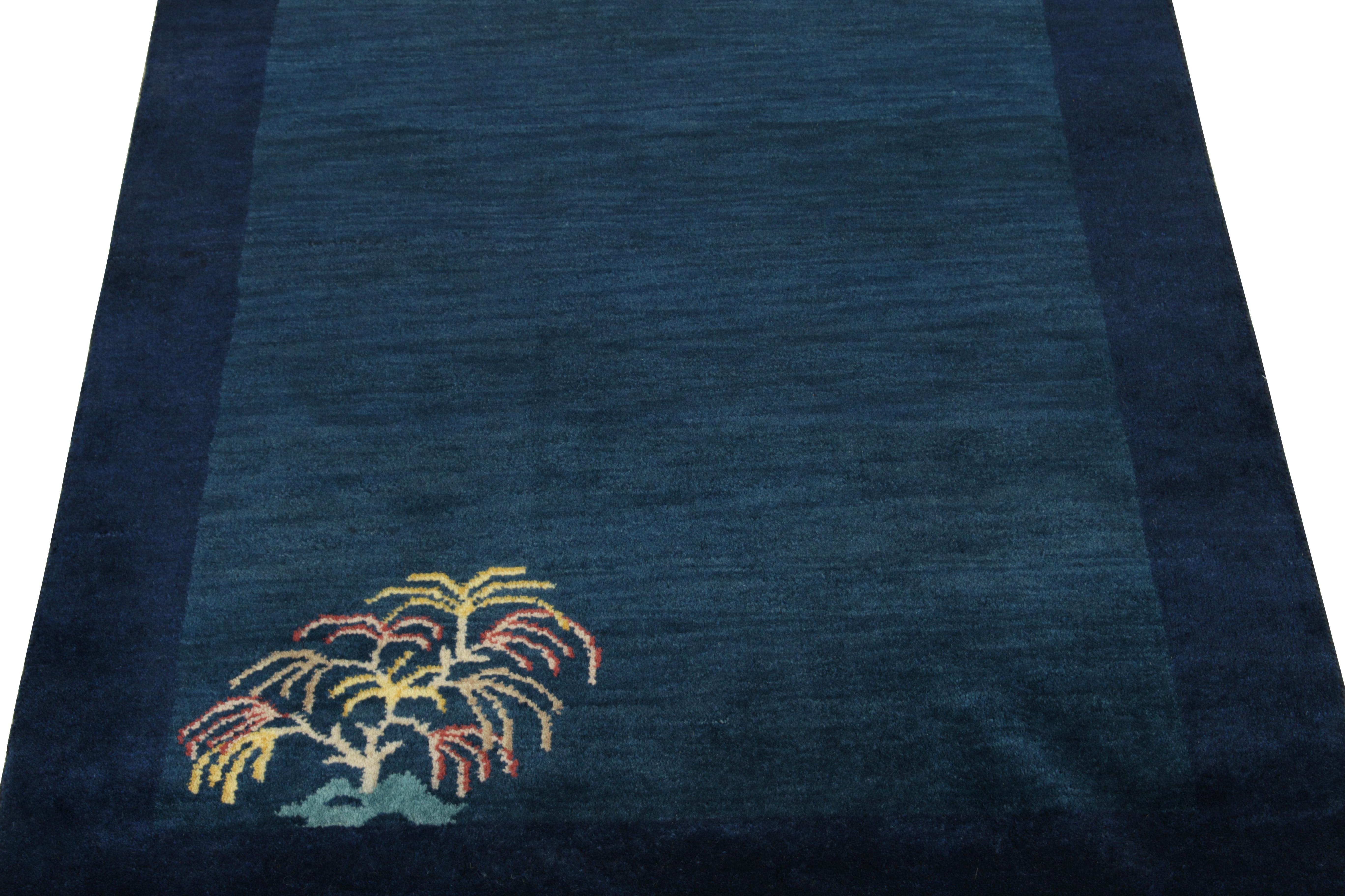 Art Deco Vintage Chinese Deco style rug in Deep Blue Pastel Floral Pattern by Rug & Kilim For Sale