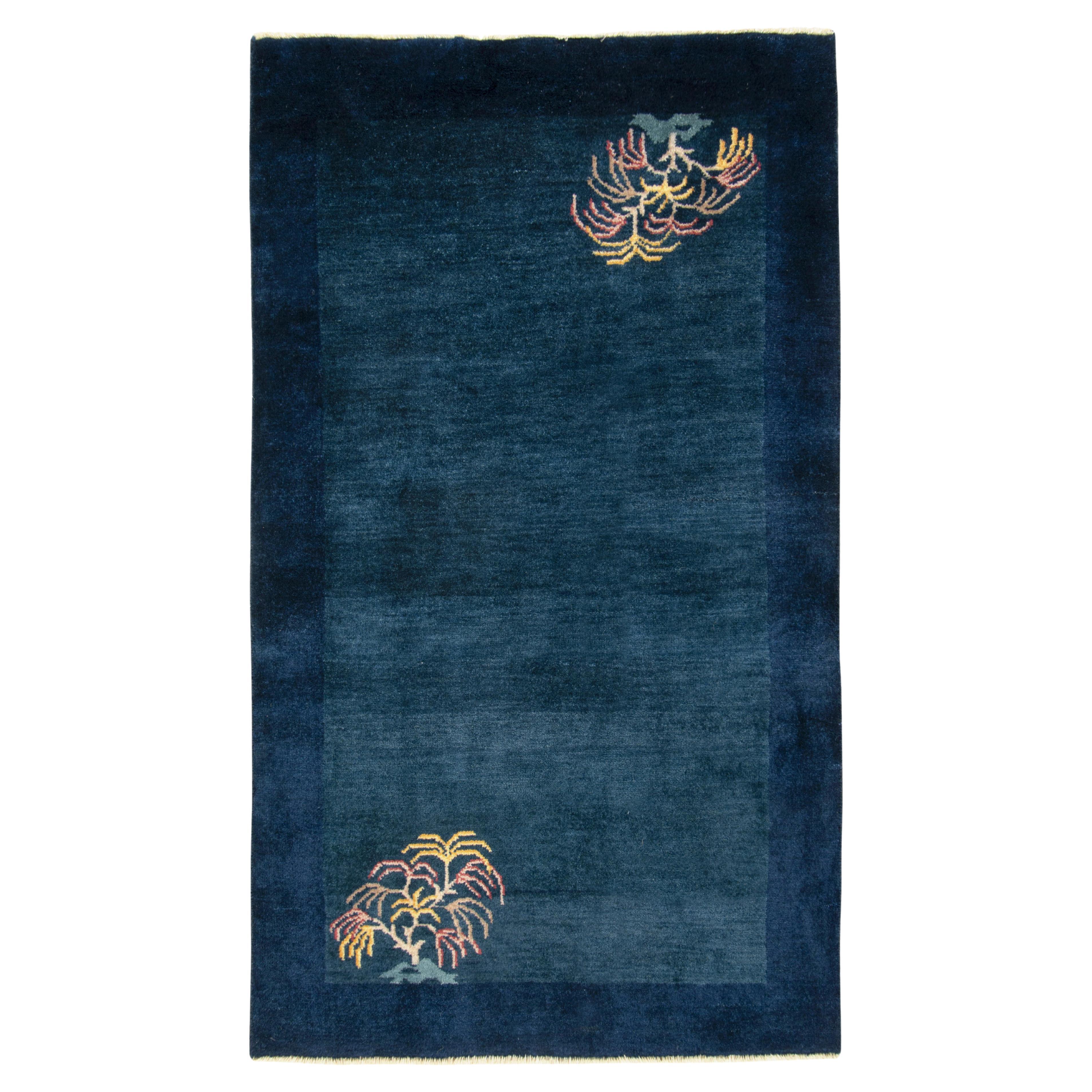 Vintage Chinese Deco style rug in Deep Blue Pastel Floral Pattern by Rug & Kilim