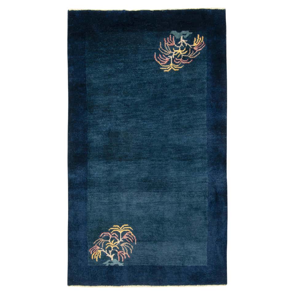 Vintage Chinese Deco Style Rug in Deep Blue, Gold, Floral Pattern by ...