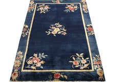 Vintage Chinese Deco style rug in Deep Blue, Pink and Gold Floral by Rug & Kilim