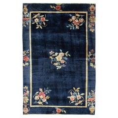 Vintage Chinese Deco style rug in Deep Blue, Pink and Gold Floral by Rug & Kilim